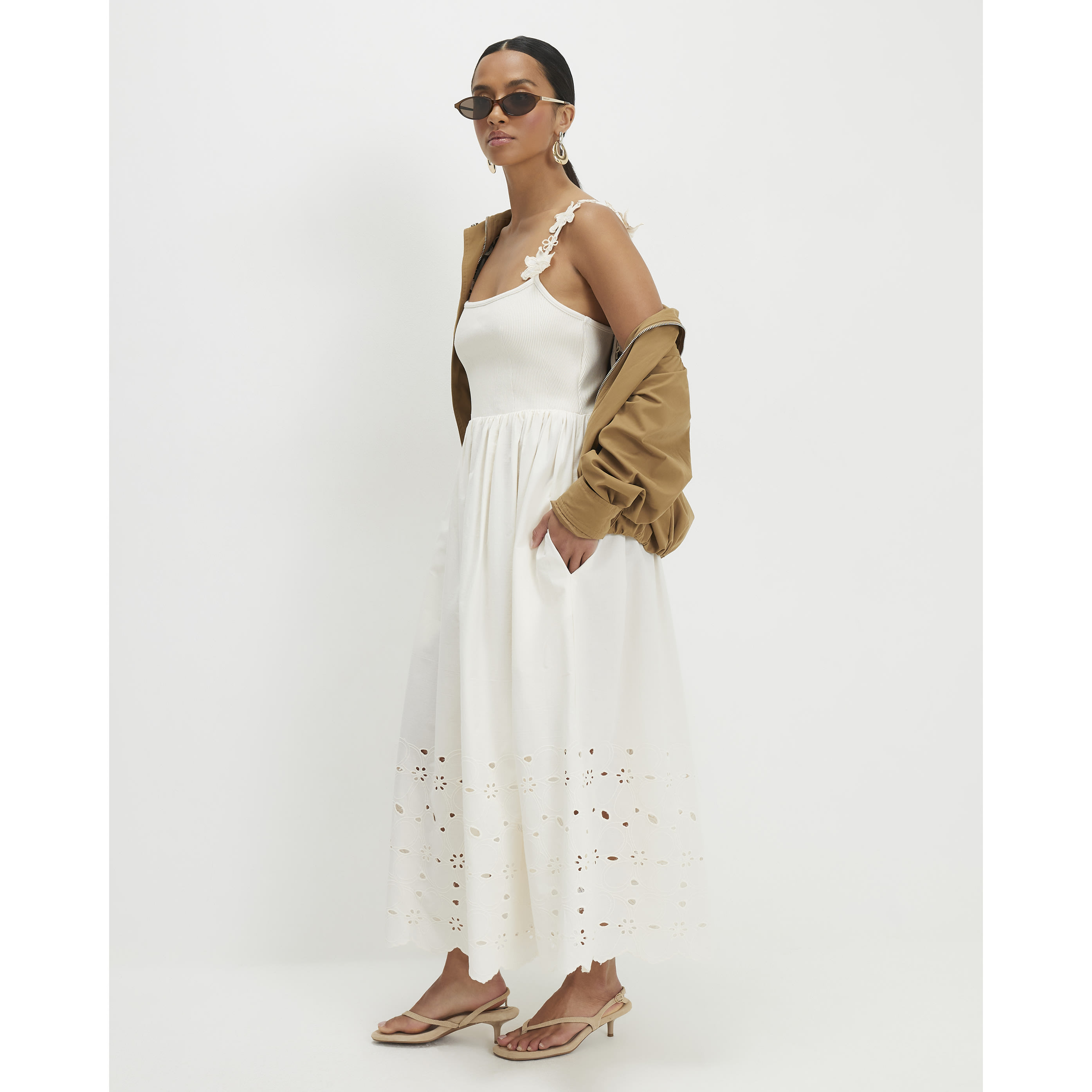 River Island Petite Cream Poplin Broderie Hem Midi Dress