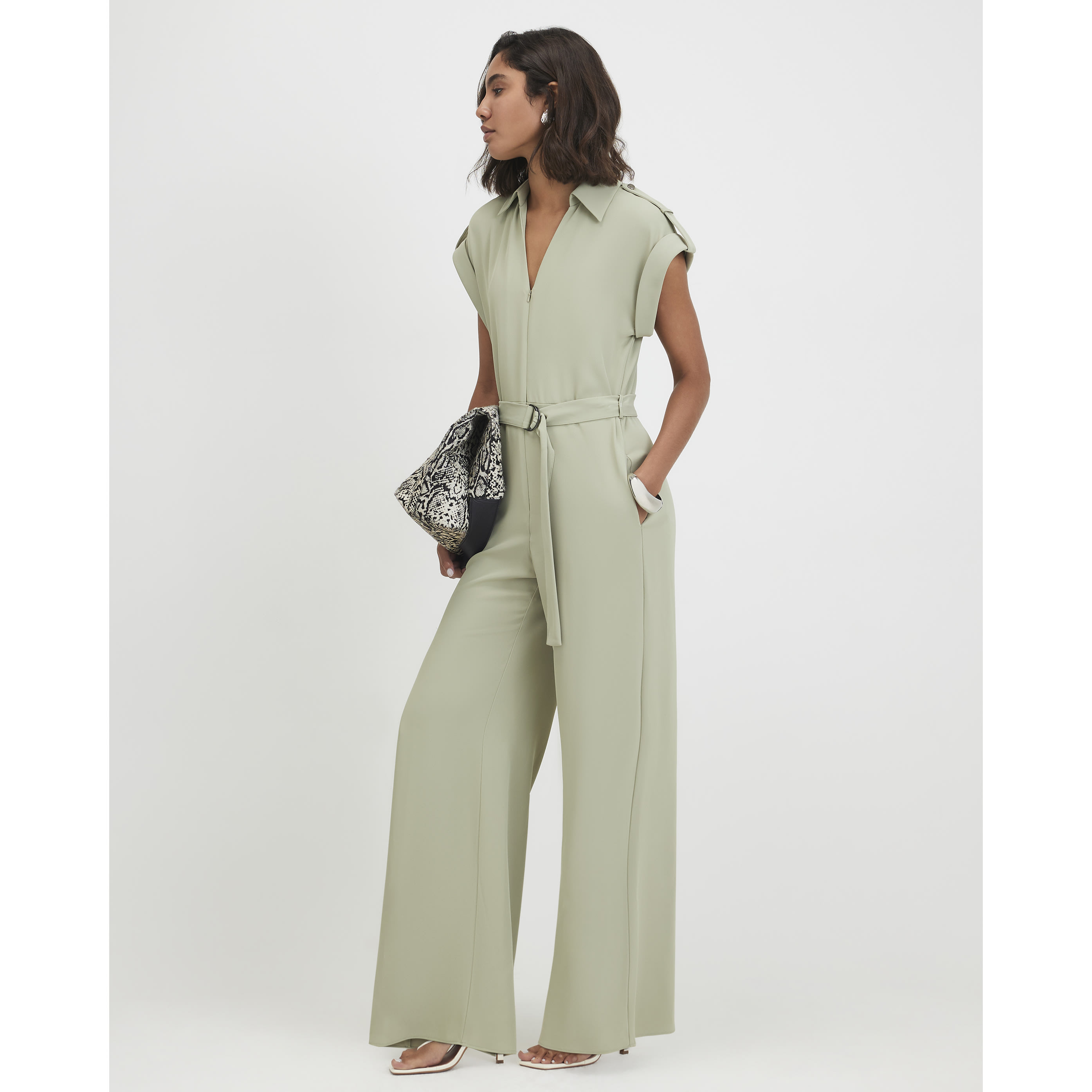 River Island Khaki Twill Zip Front Jumpsuit