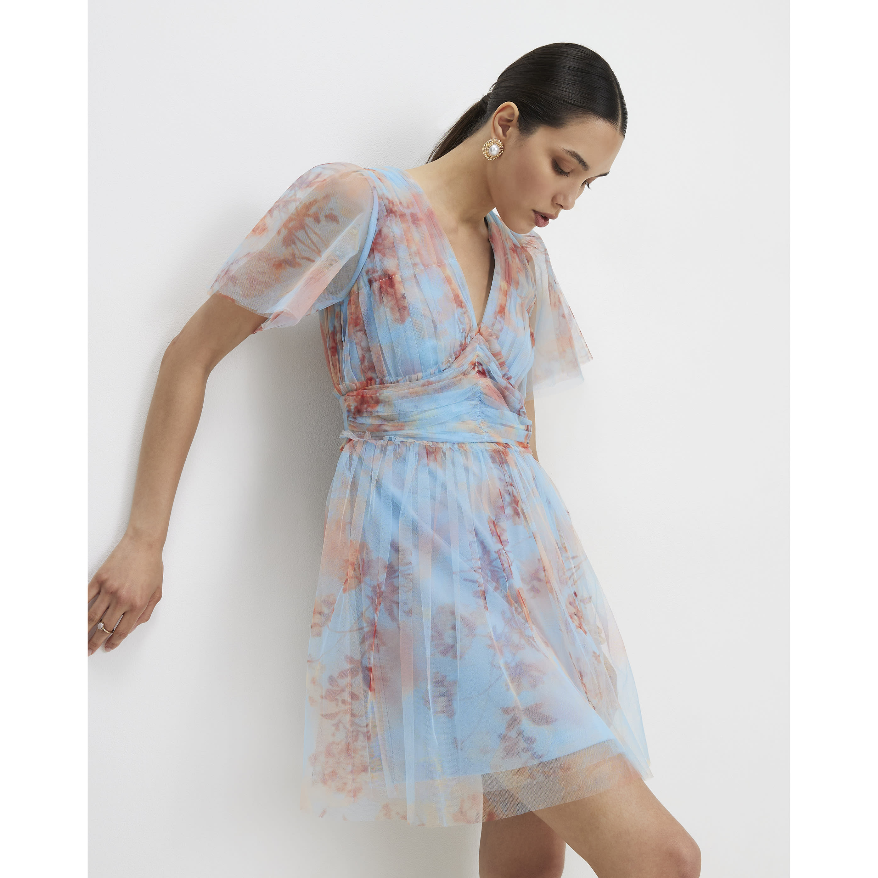 River Island Blue Tulle Short Sleeve Mini Dress