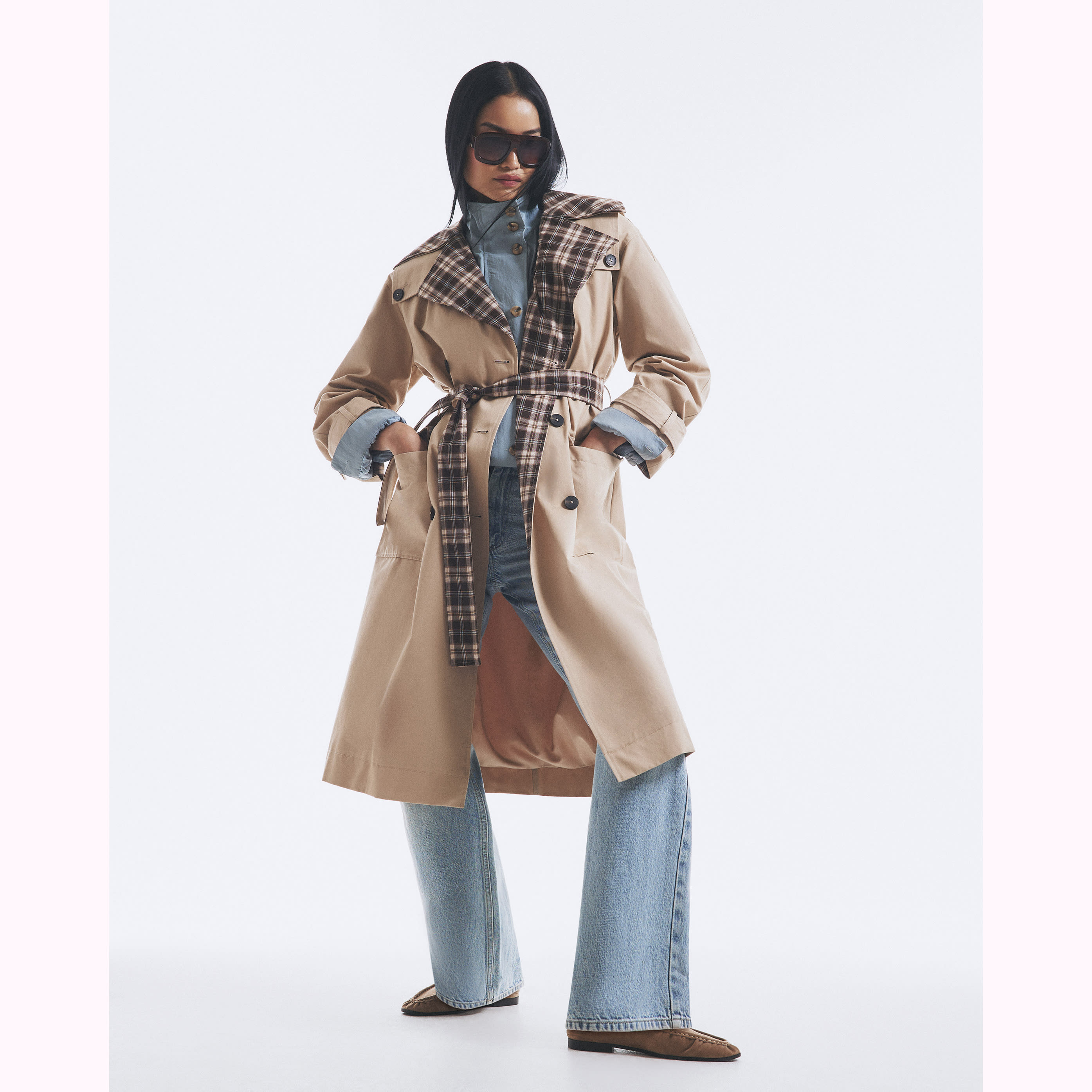 River Island Beige Check Collar Trench Coat