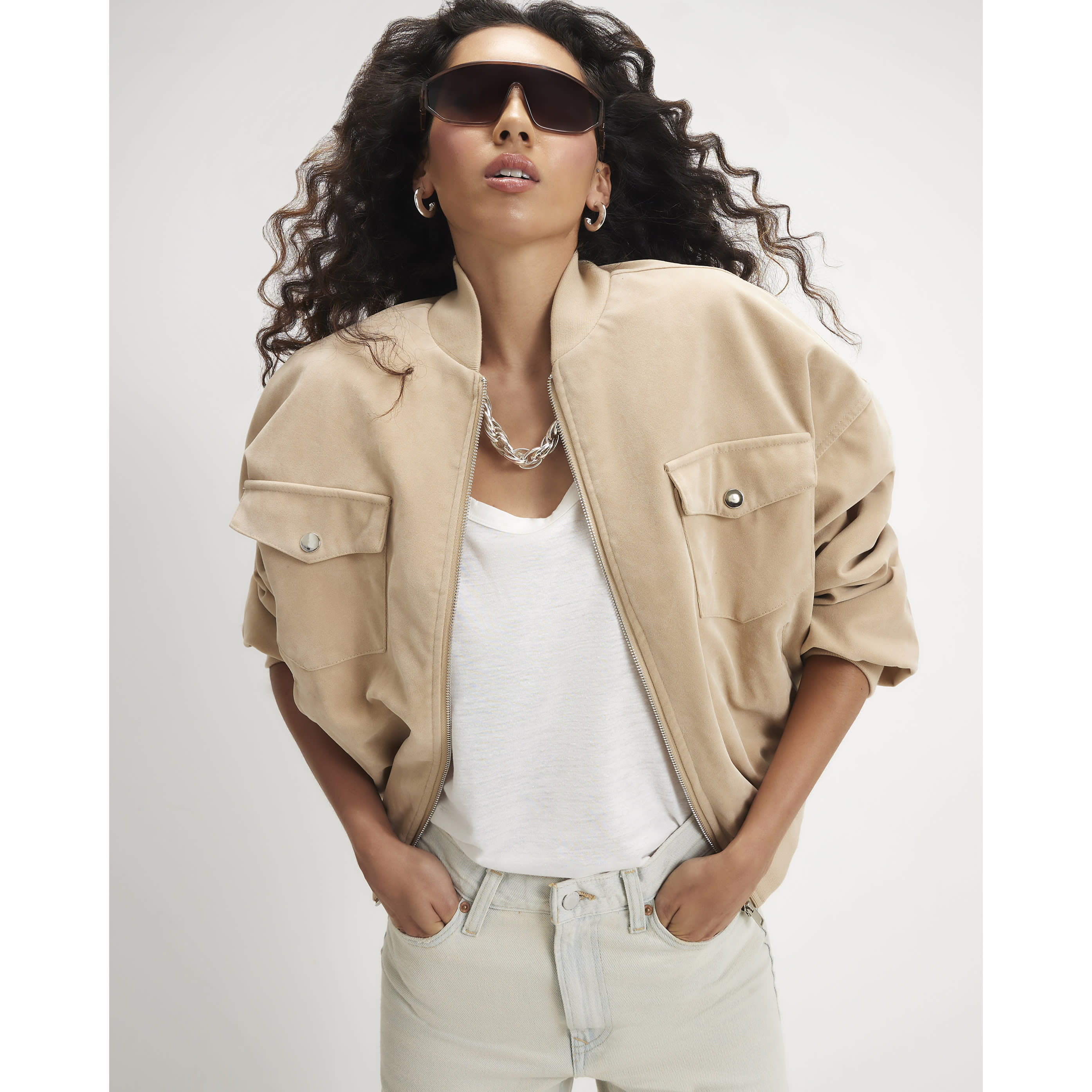 River Island Cream Faux Suede Classic Bomber Jacket