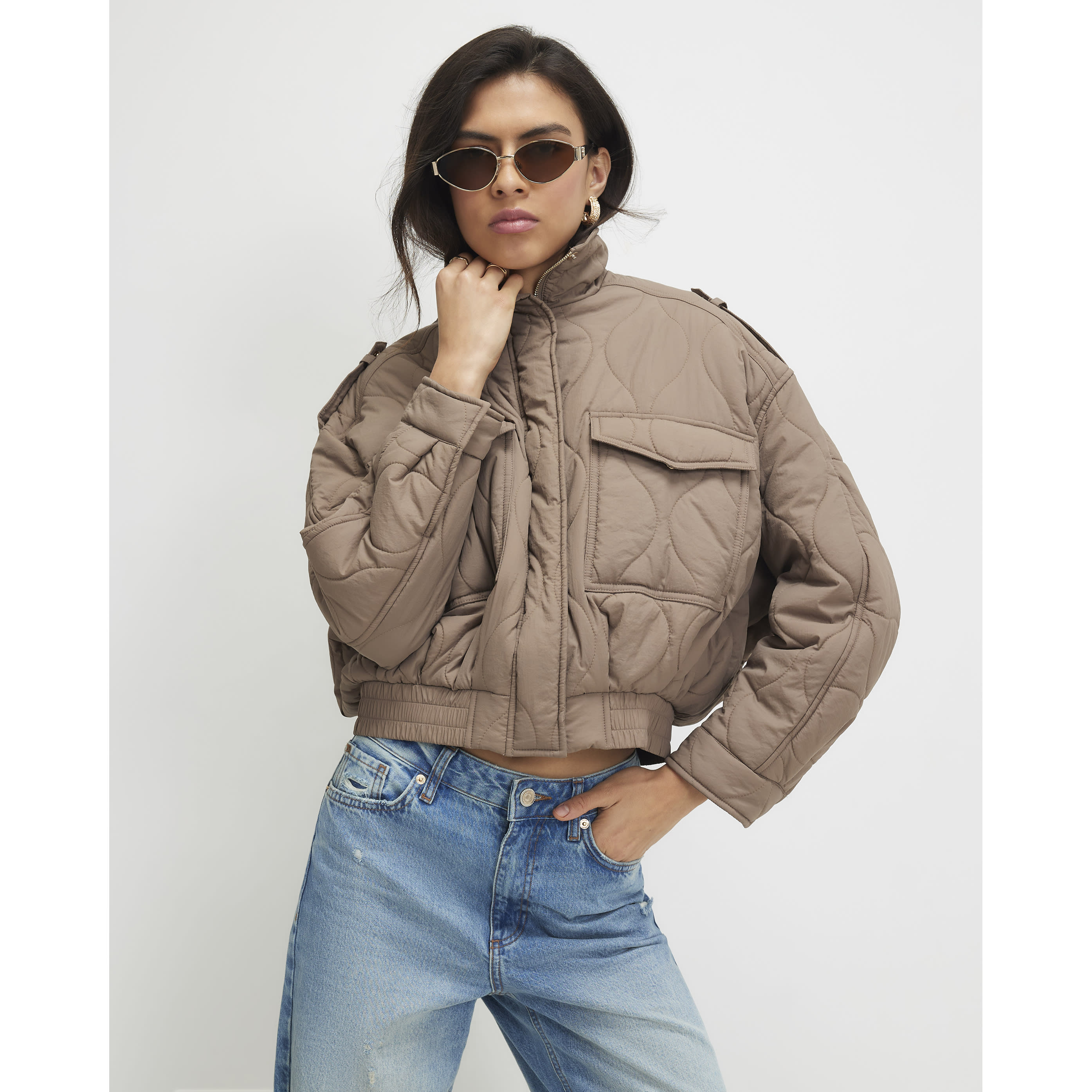 River Island Beige Quilted Bomber Jacket