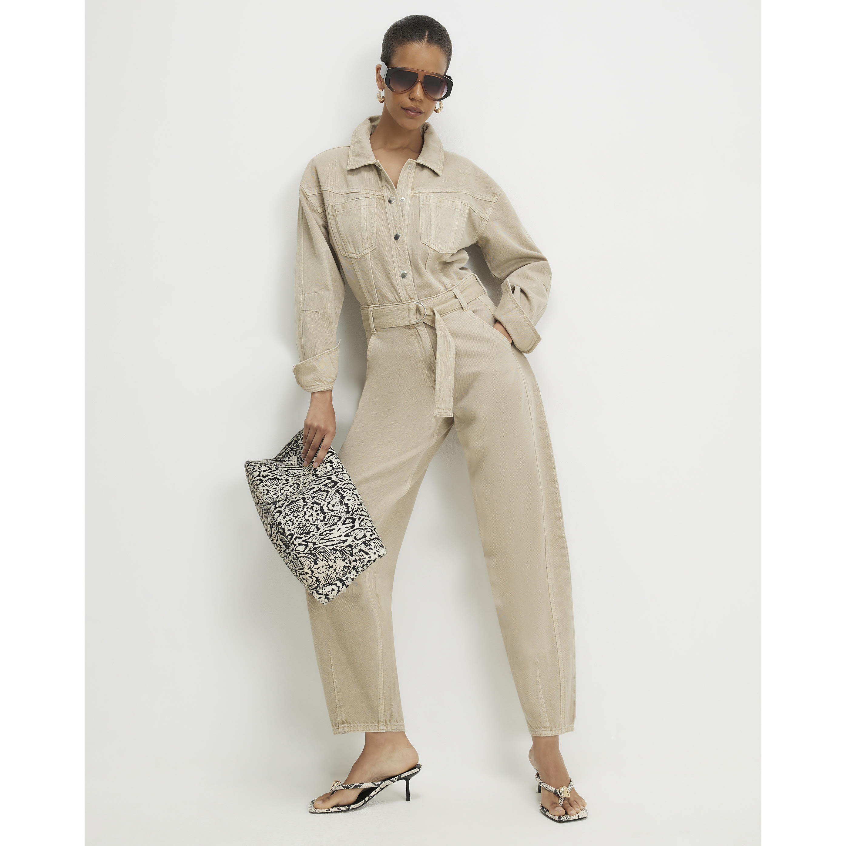 River Island Beige Denim Belted Barrel Leg Jumpsuit