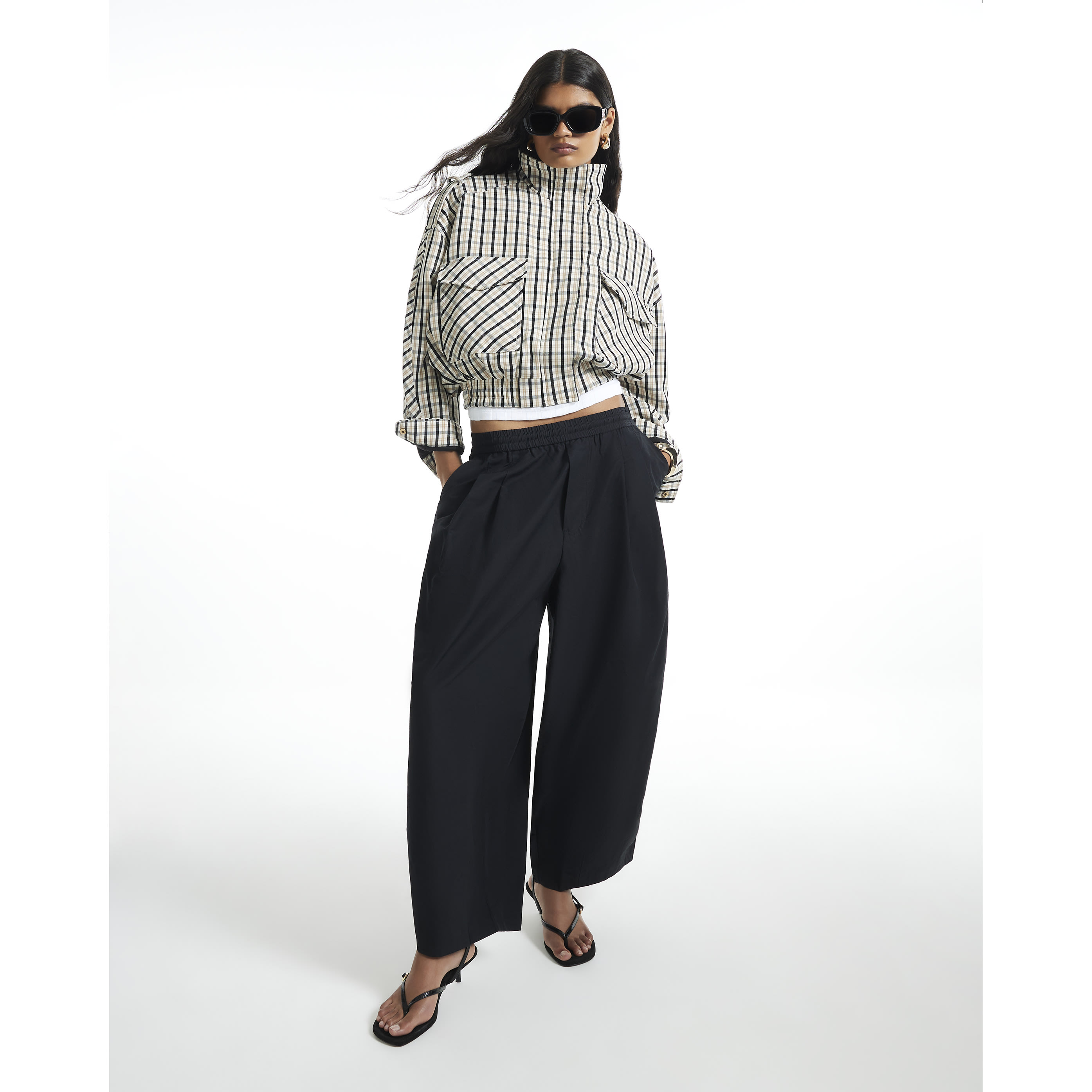 River Island Cream Check Funnel Neck Bomber Jacket
