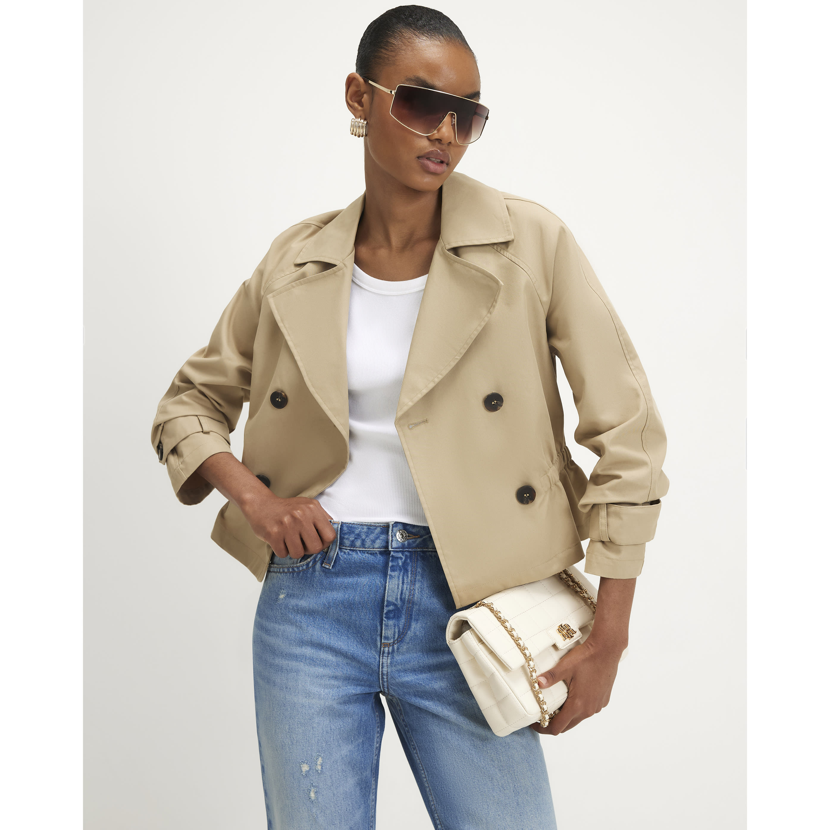 River Island Beige Waisted Cropped Trench Coat