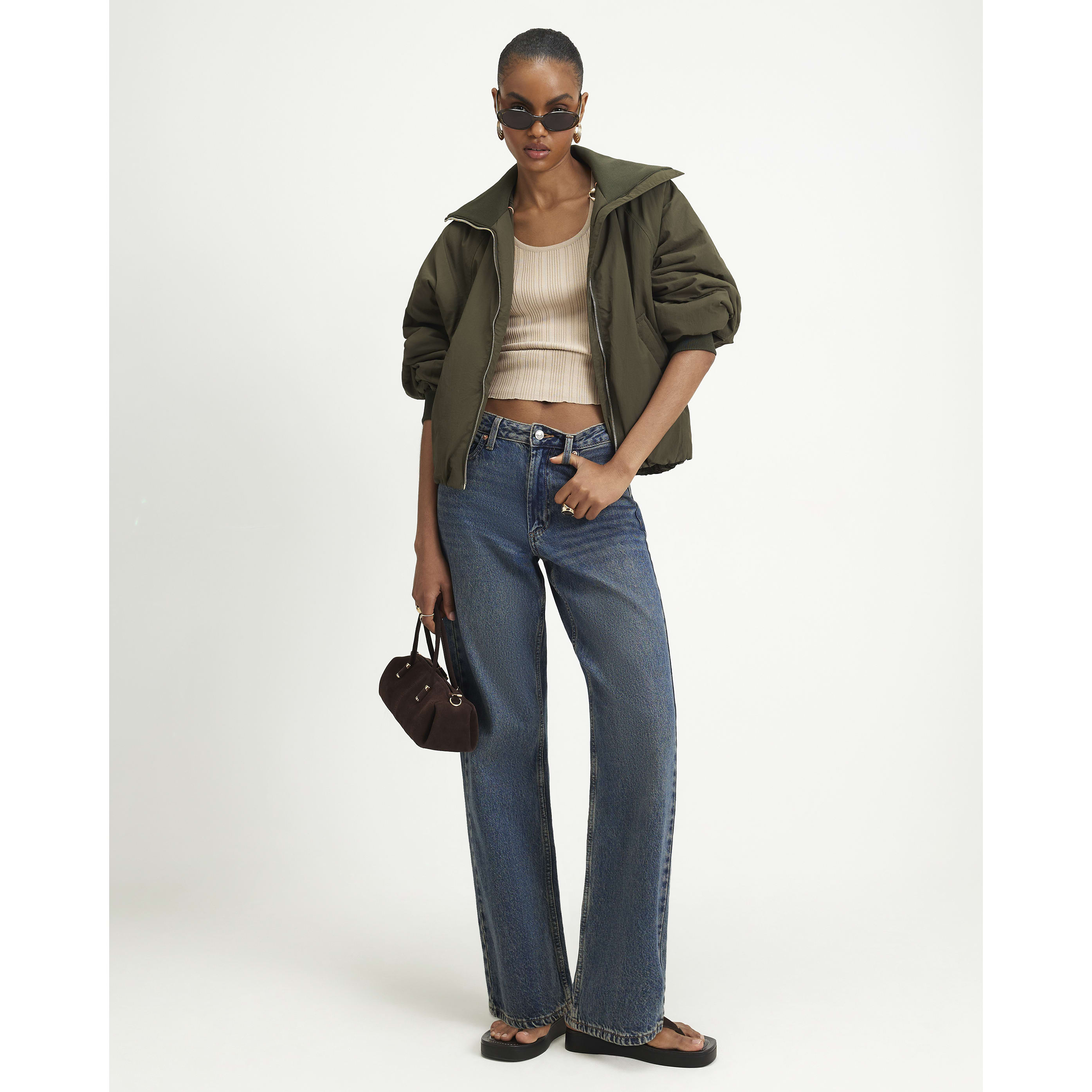 River Island Khaki Funnel Neck Bubble Hem Bomber Jacket