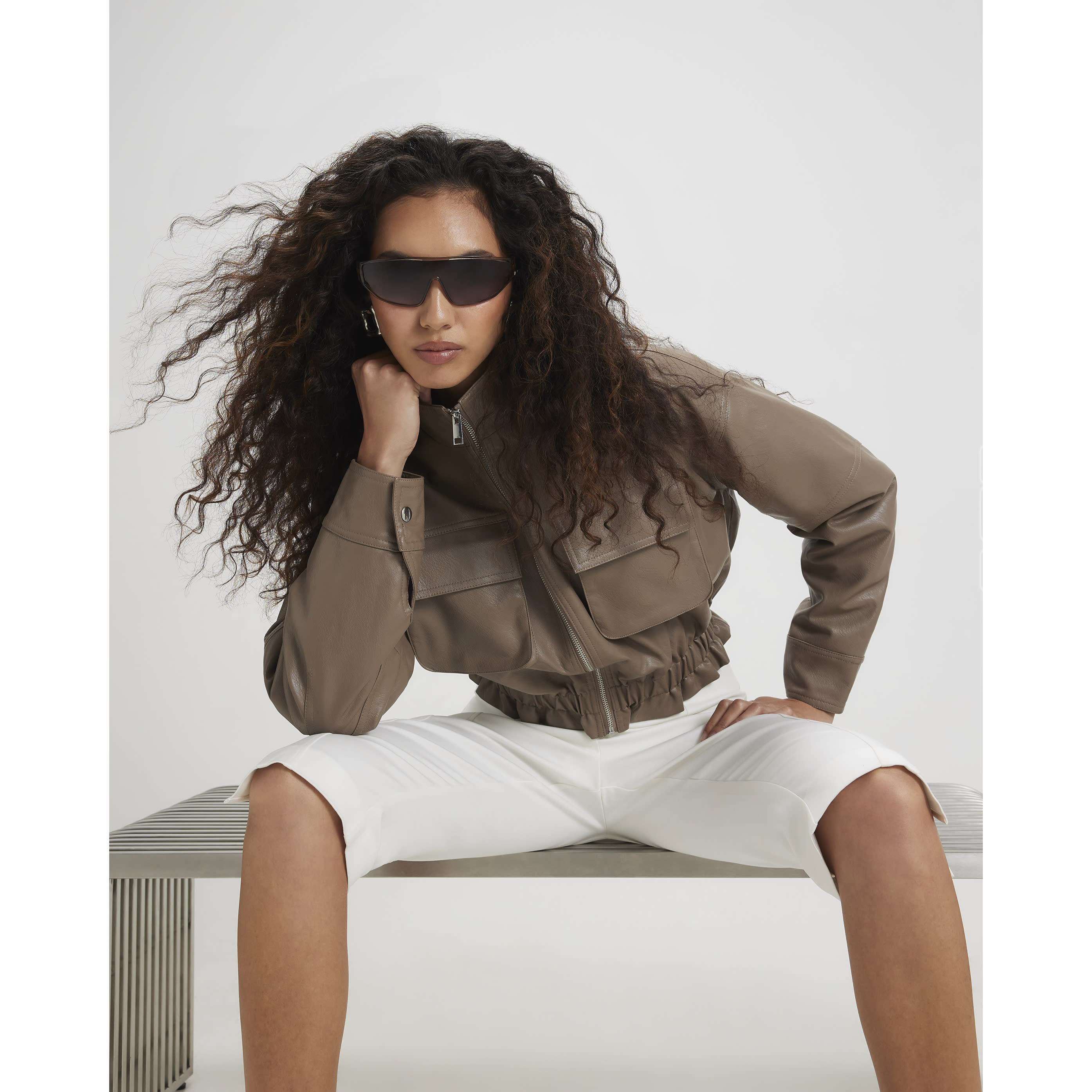 River Island Beige Funnel Neck Faux Leather Jacket