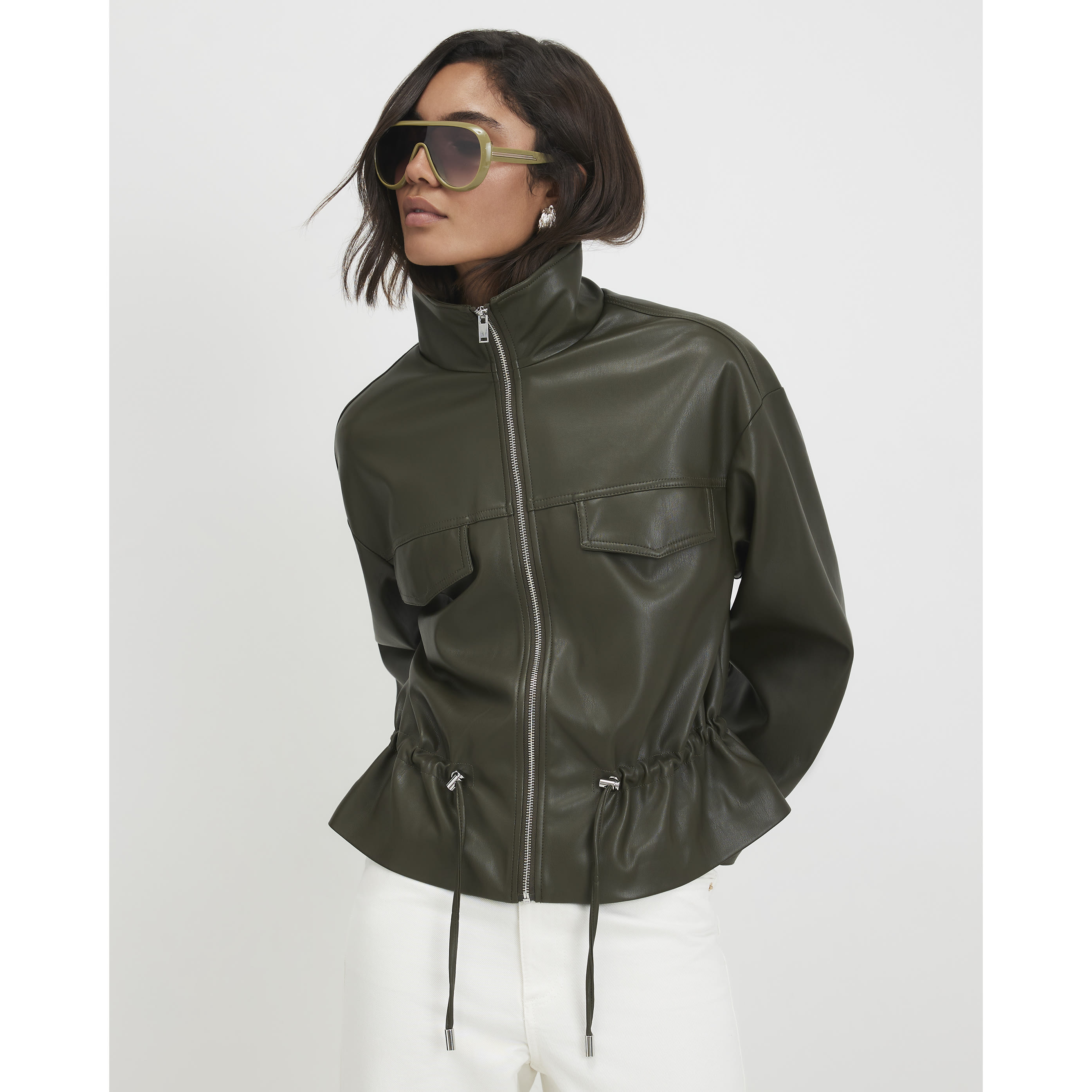 River Island Khaki Faux Leather Drawstring Funnel Jacket