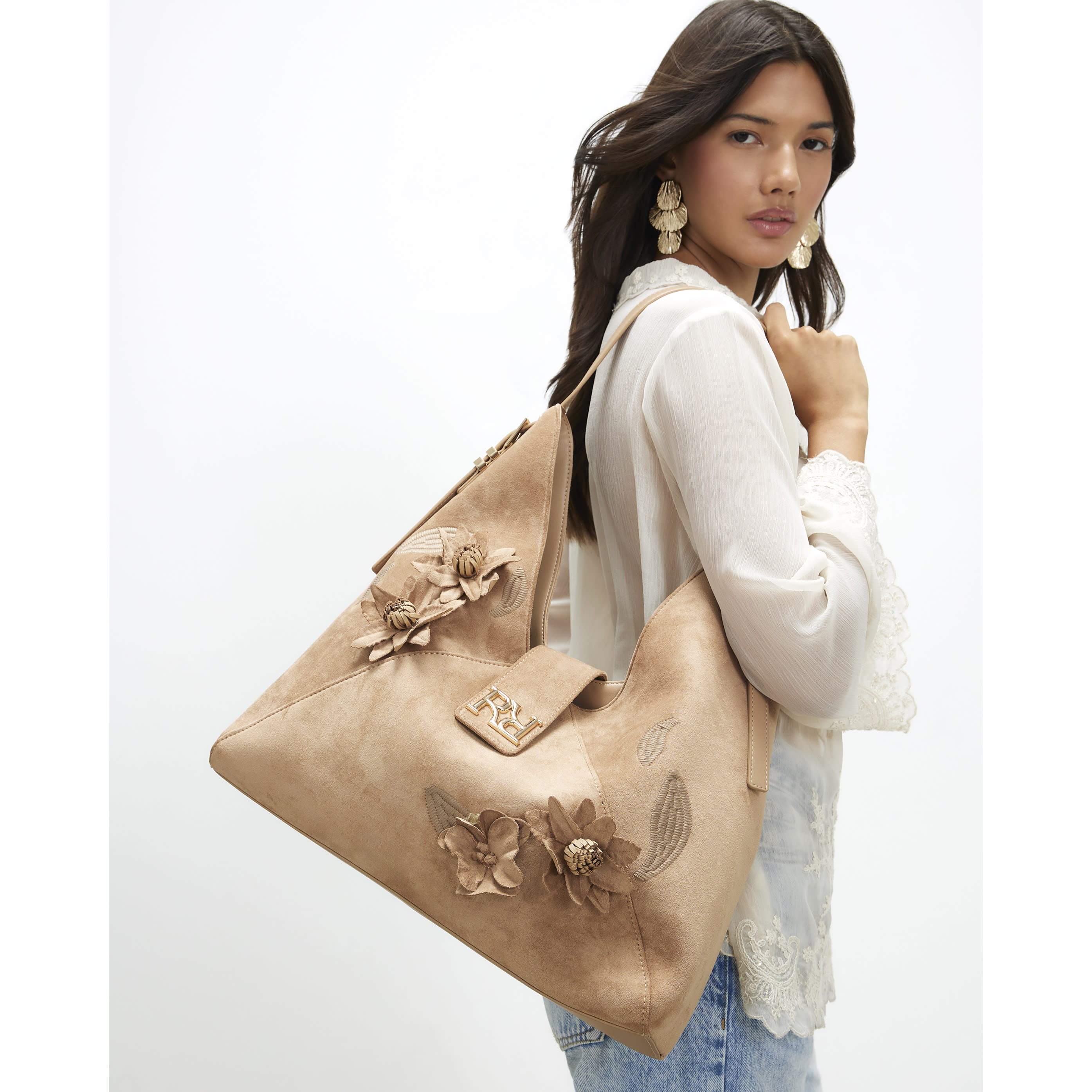 River Island Beige 3D Floral Faux Suede Slouch Bag