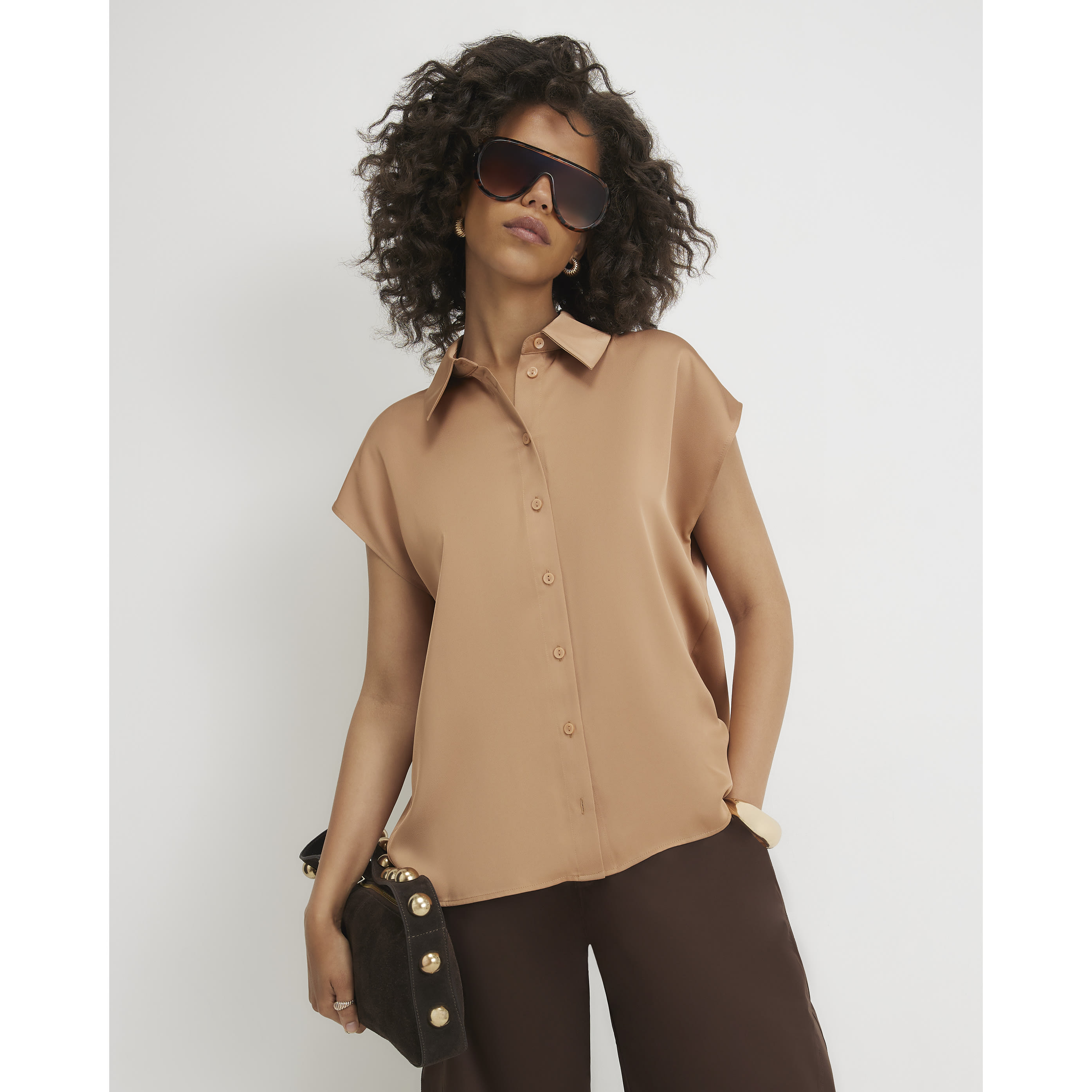 River Island Beige Satin Short Sleeve Shirt