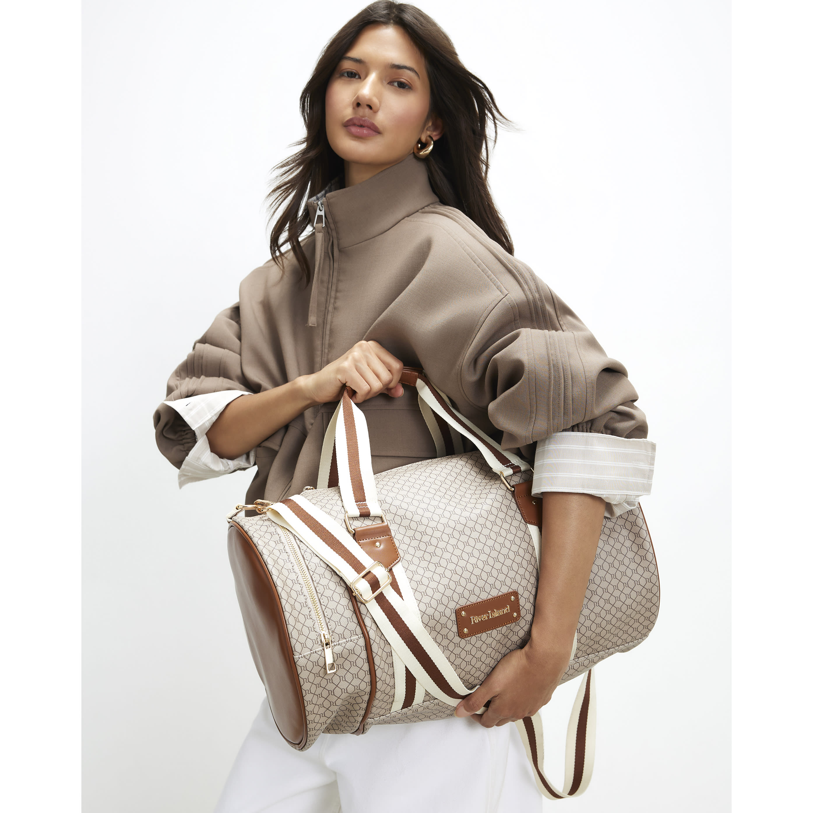 River Island Beige Slouchy Monogram Barrel Bag