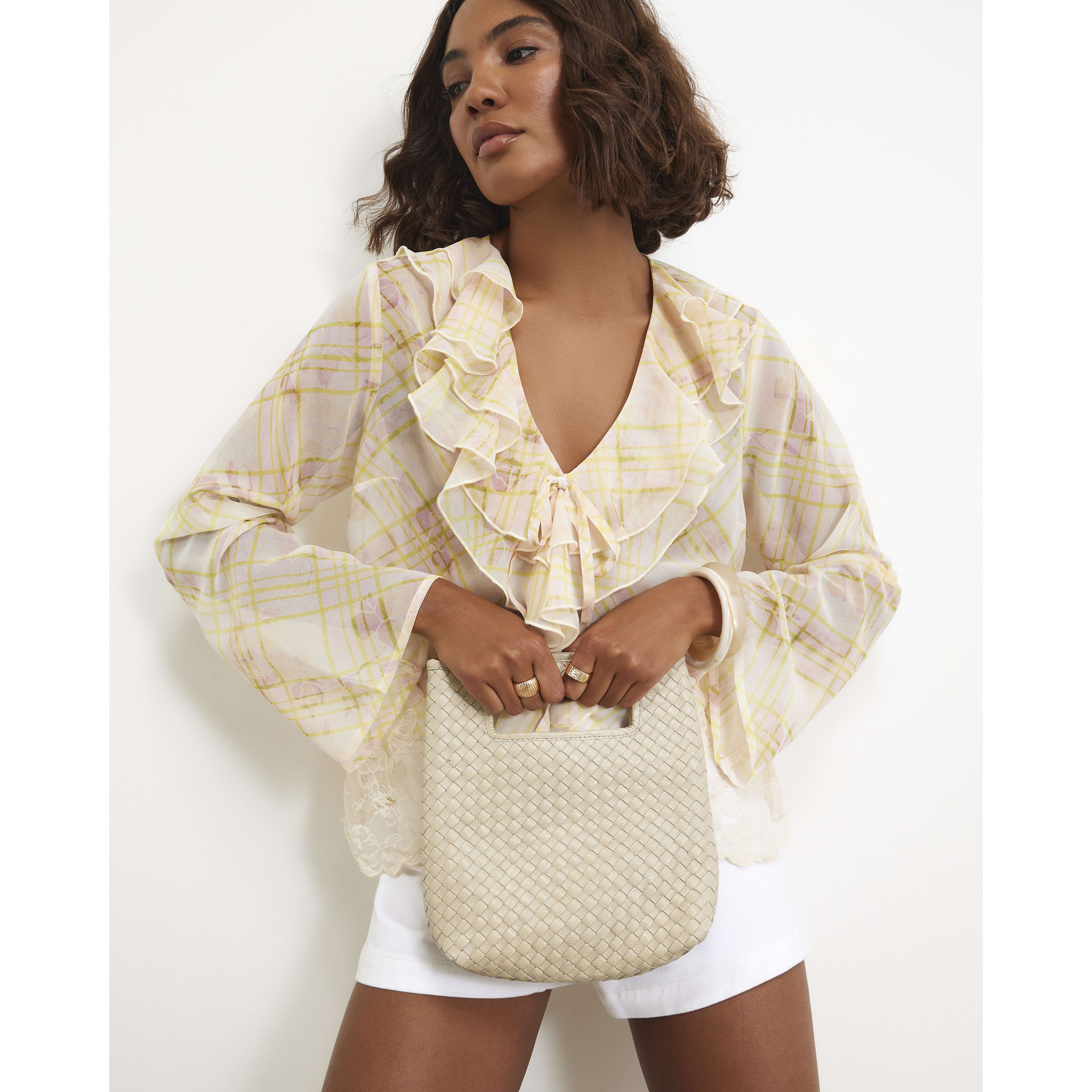 River Island Cream Leather Woven Clutch Bag