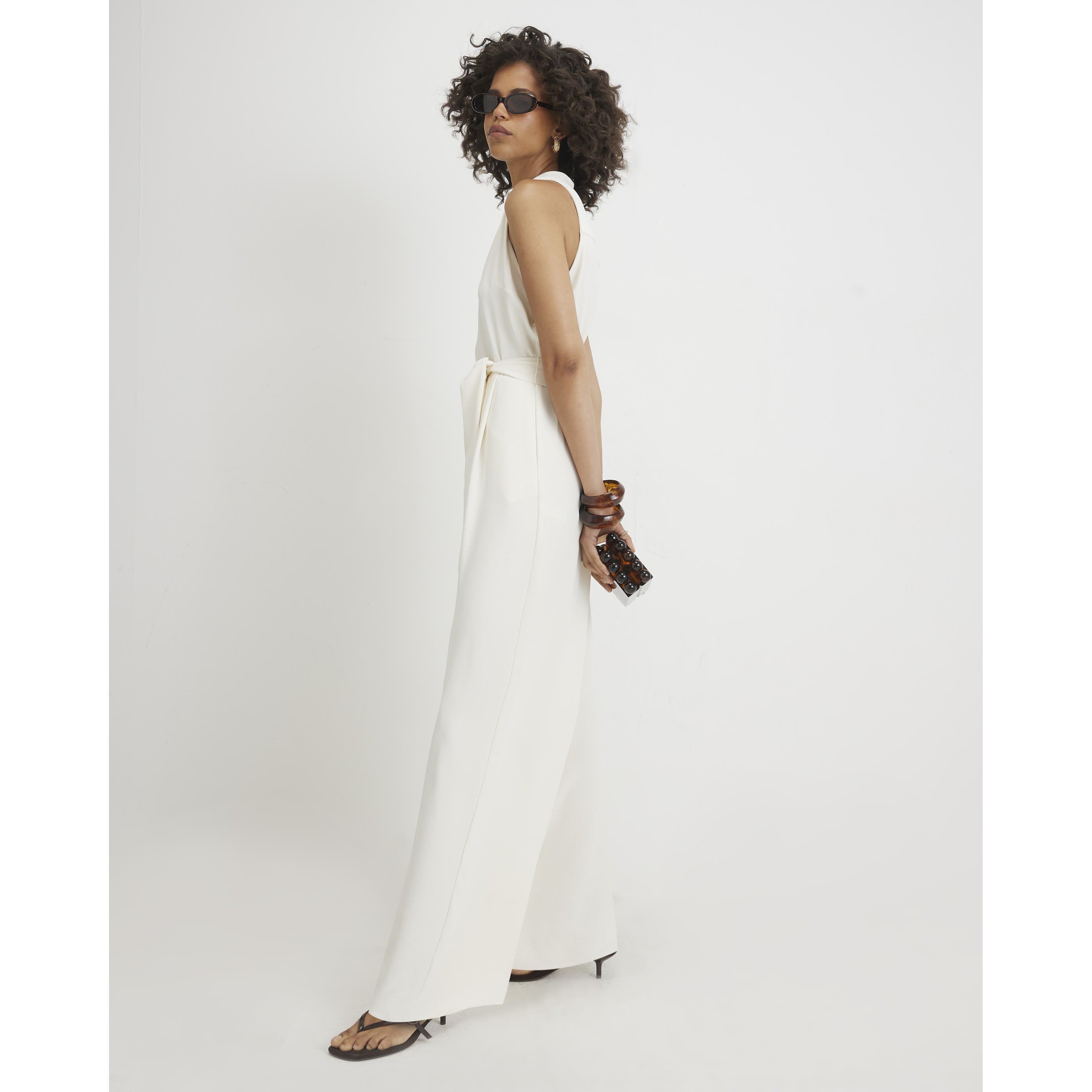 River Island Cream 80S Wide Leg Jumpsuit