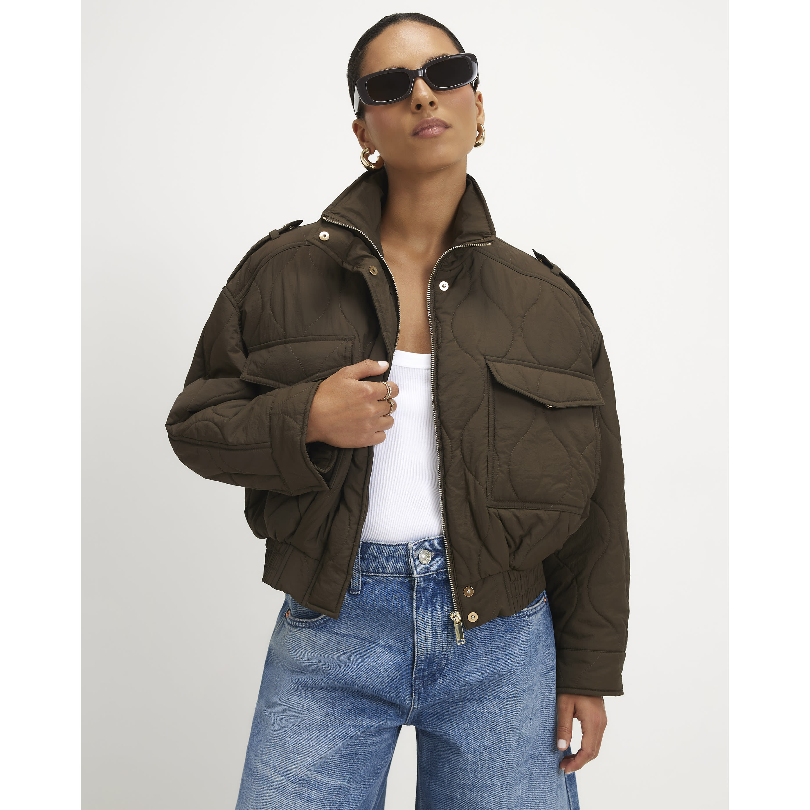 River Island Petite Khaki Quilted Bomber Jacket