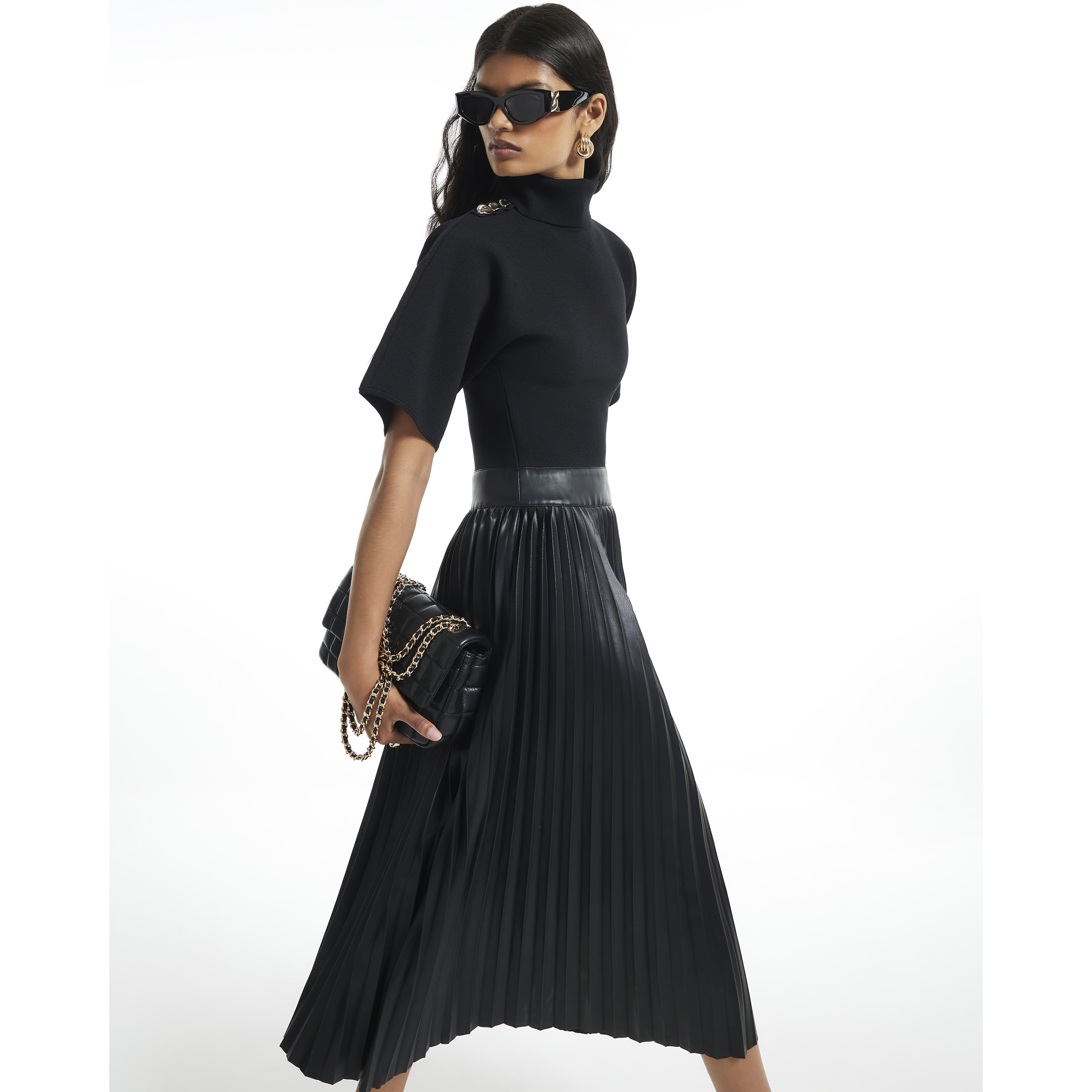 River Island Black Pleat Hem Midi Dress
