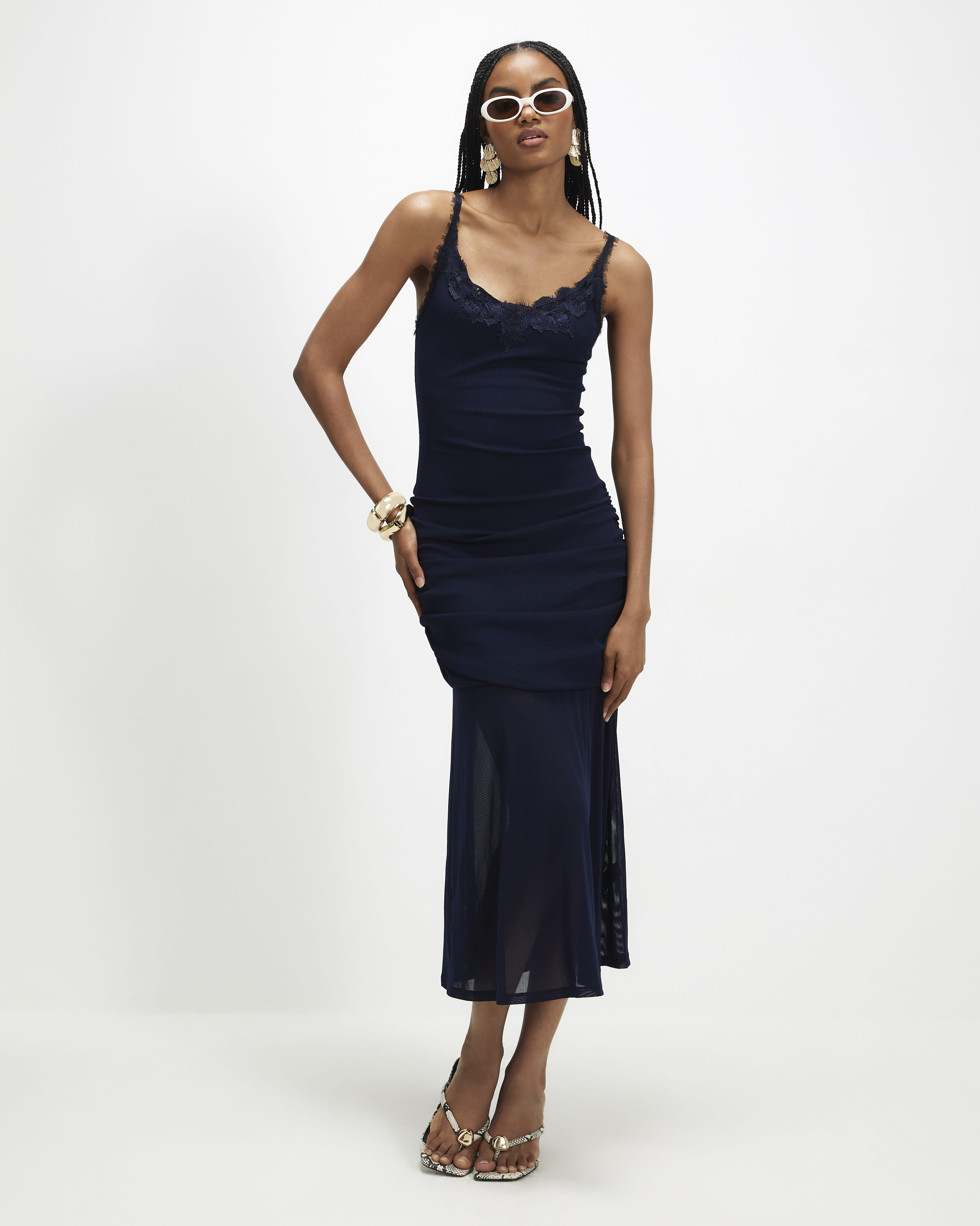 River Island Navy Lace Trim Drape Midi Dress