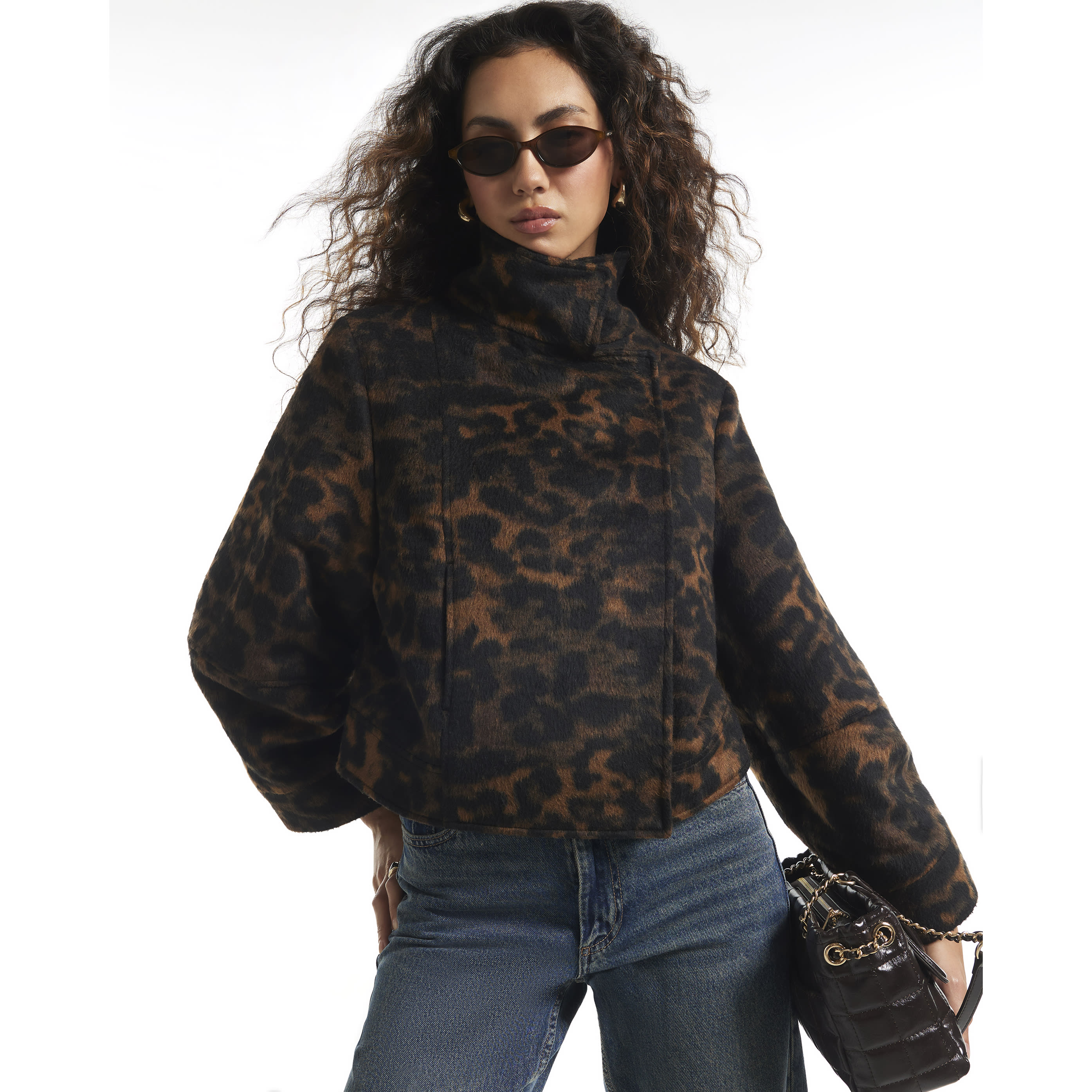River Island Brown Leopard Funnel Neck Cocoon Jacket