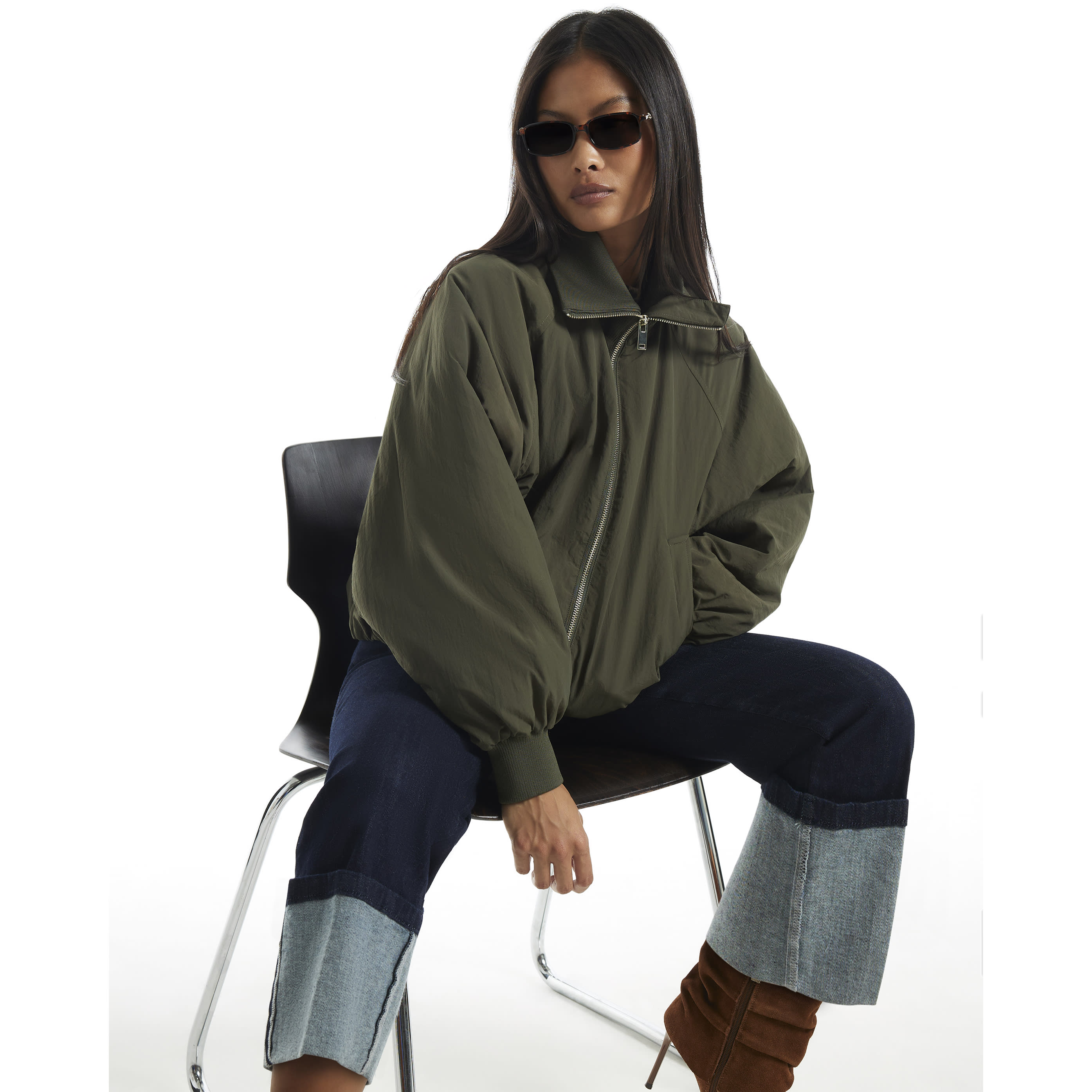 River Island Petite Khaki Rib Detail Bubble Bomber Jacket