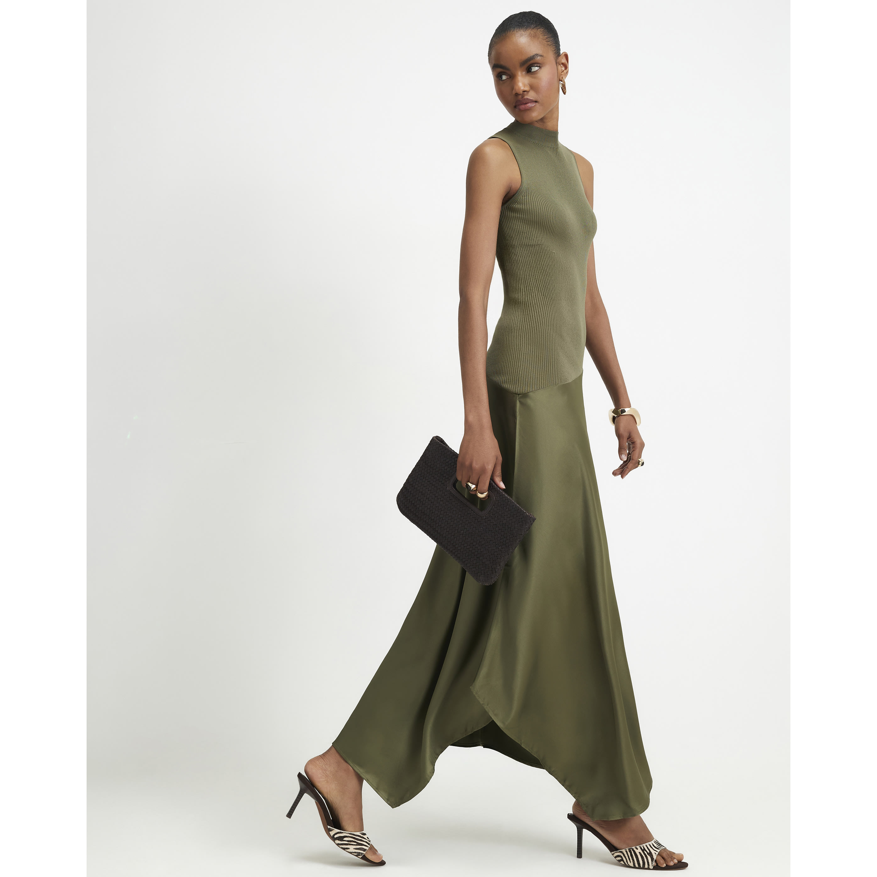 River Island Khaki Hybrid Satin Knit Asymmetric Hem Dress