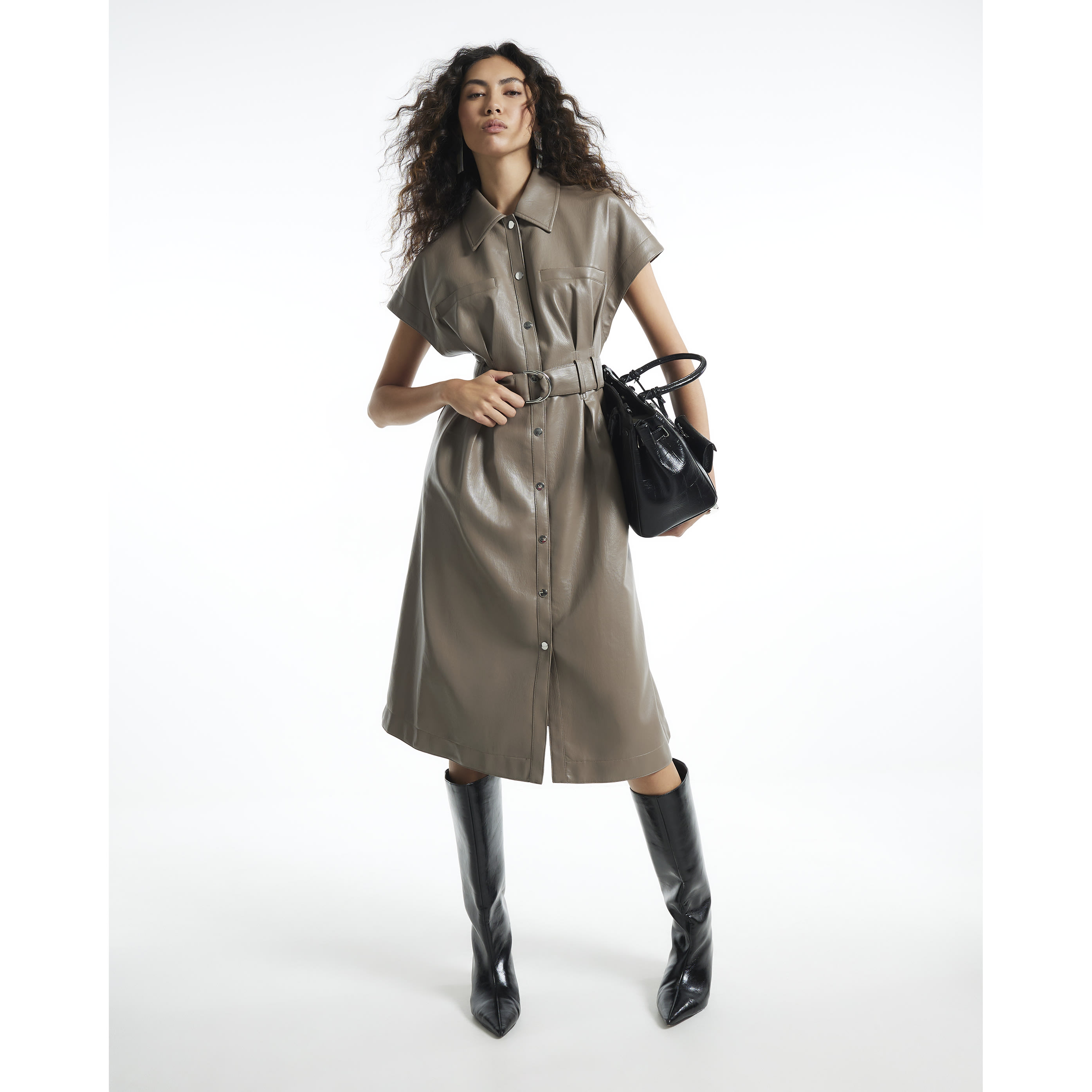 River Island Beige Faux Leather Utility Belted Midi Dress