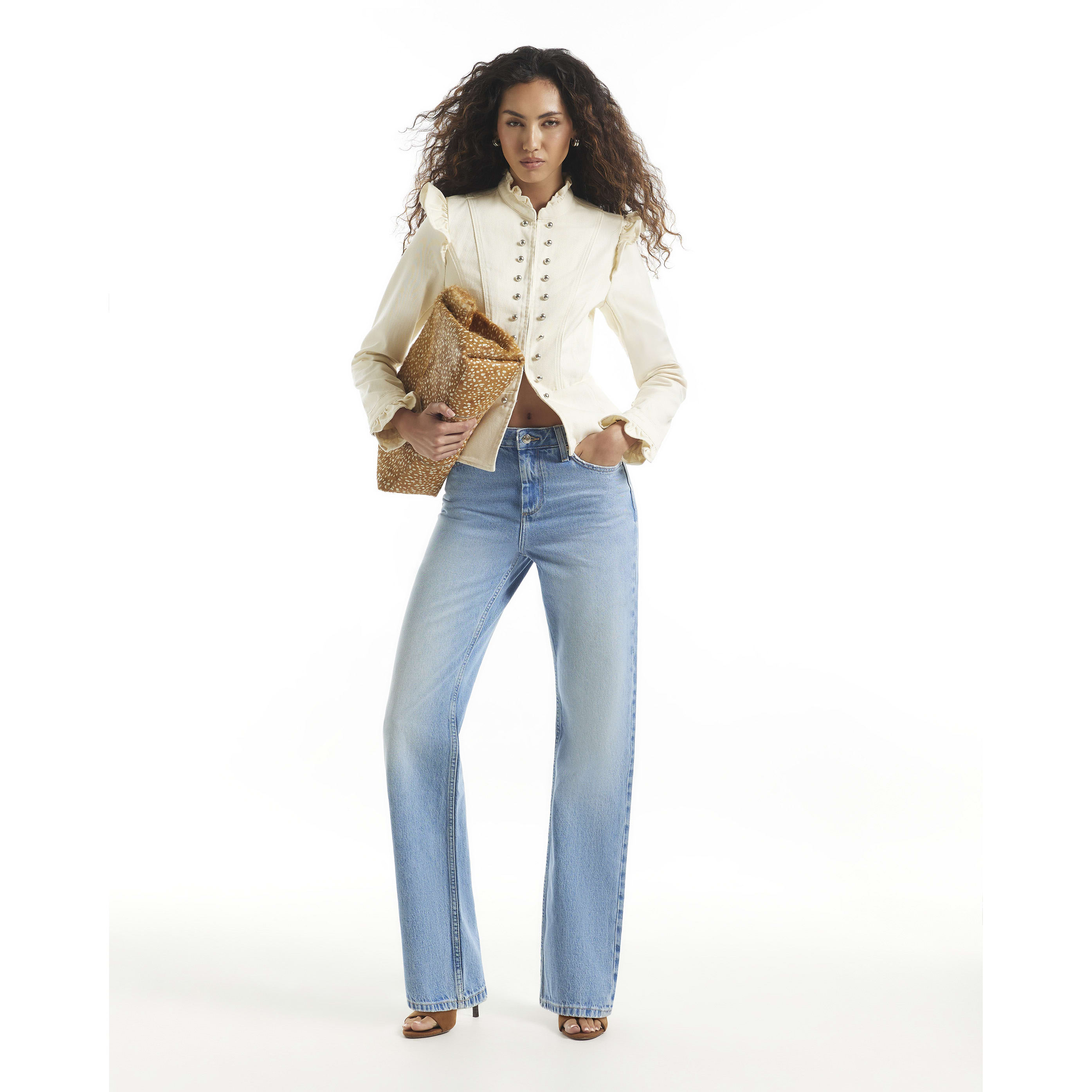 River Island Cream Frill Button Detail Denim Jacket