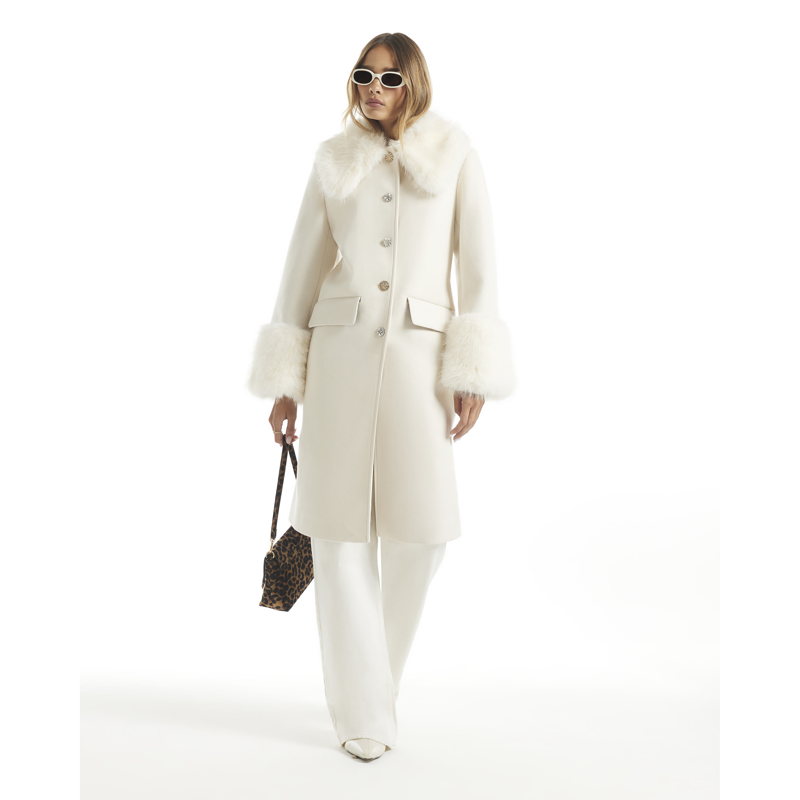 River Island Cream Faux Fur Trim Coat