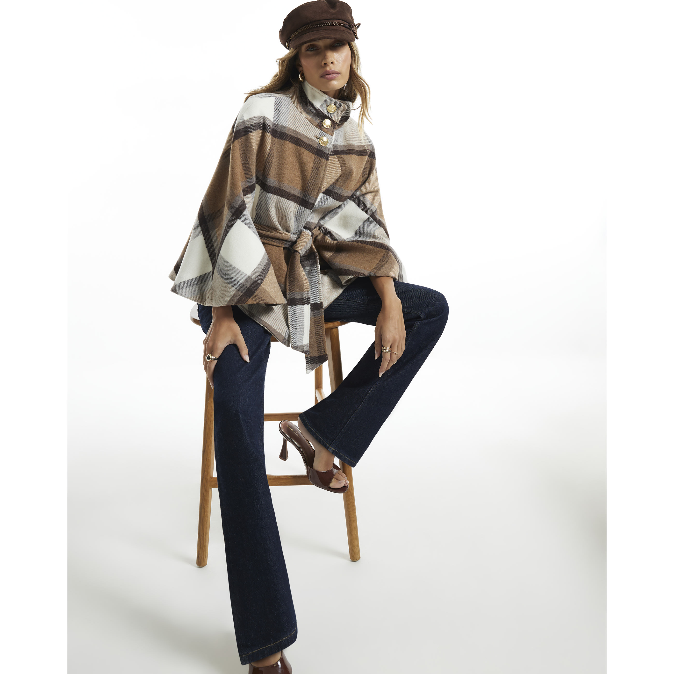 River Island Cream Check Funnel Neck Belted Cape Coat