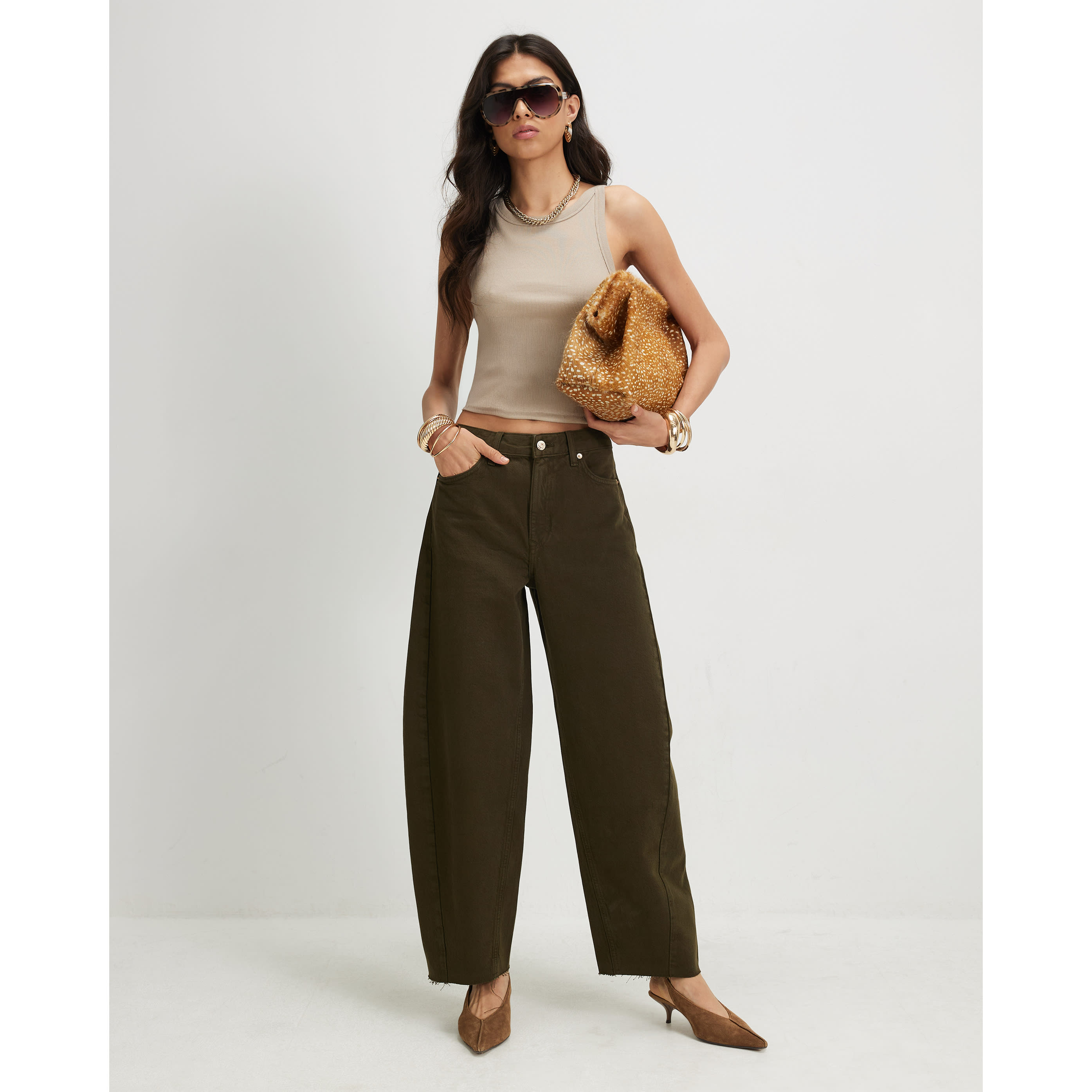 River Island Khaki Mid Rise Twist Seam Barrel Leg Jeans