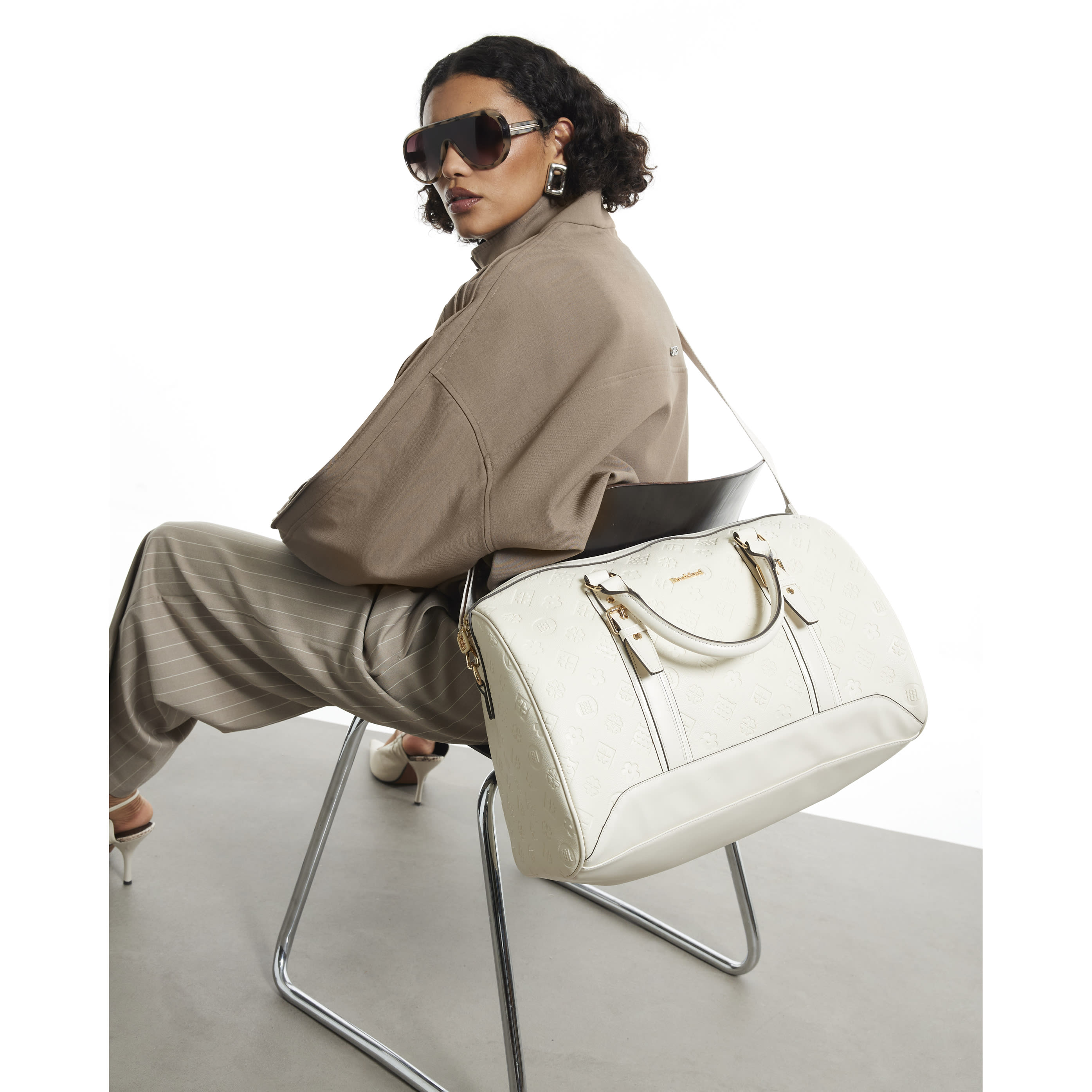 River Island Cream Embossed Monogram Barrel Bag