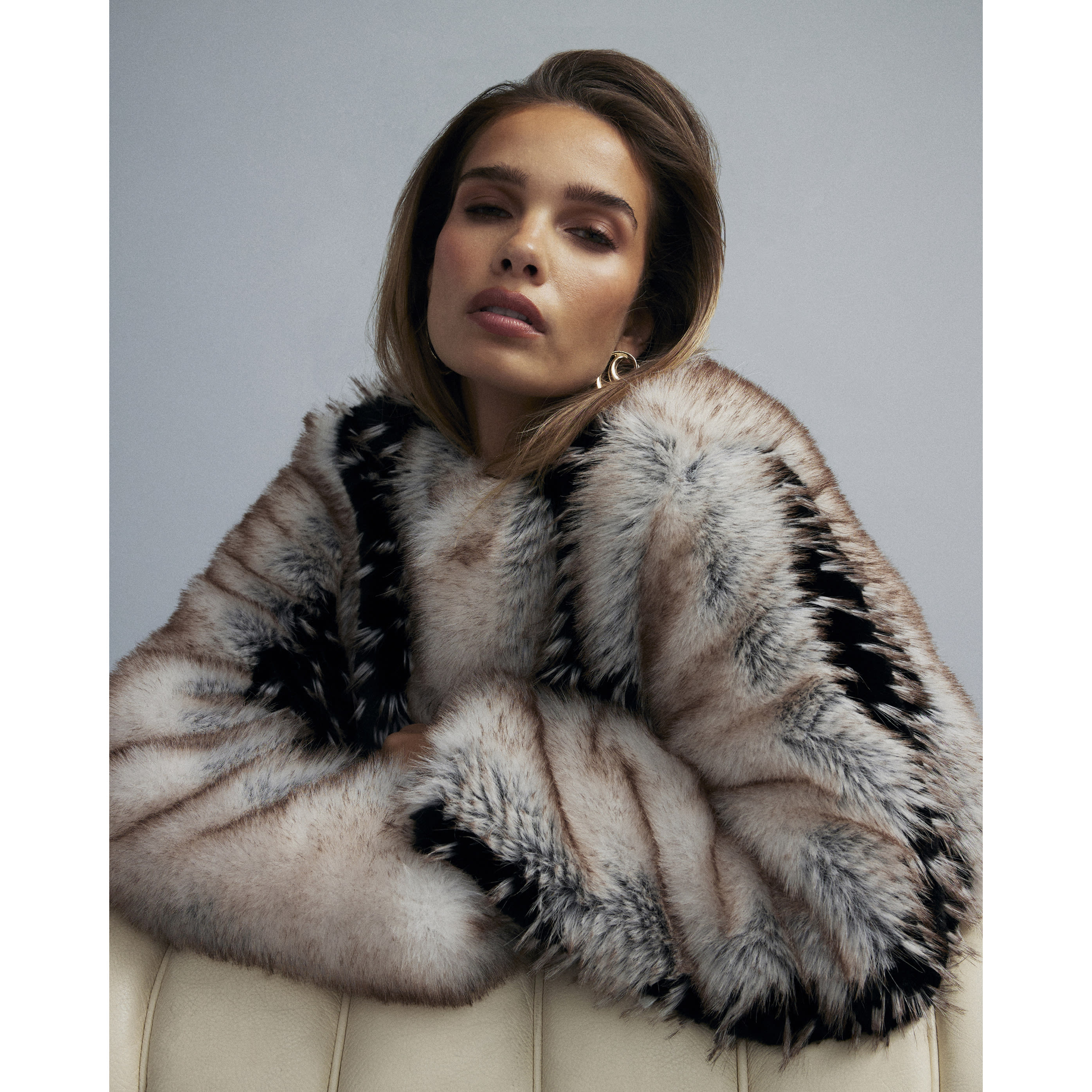 River Island Cream Mixed Faux Fur Plush Coat