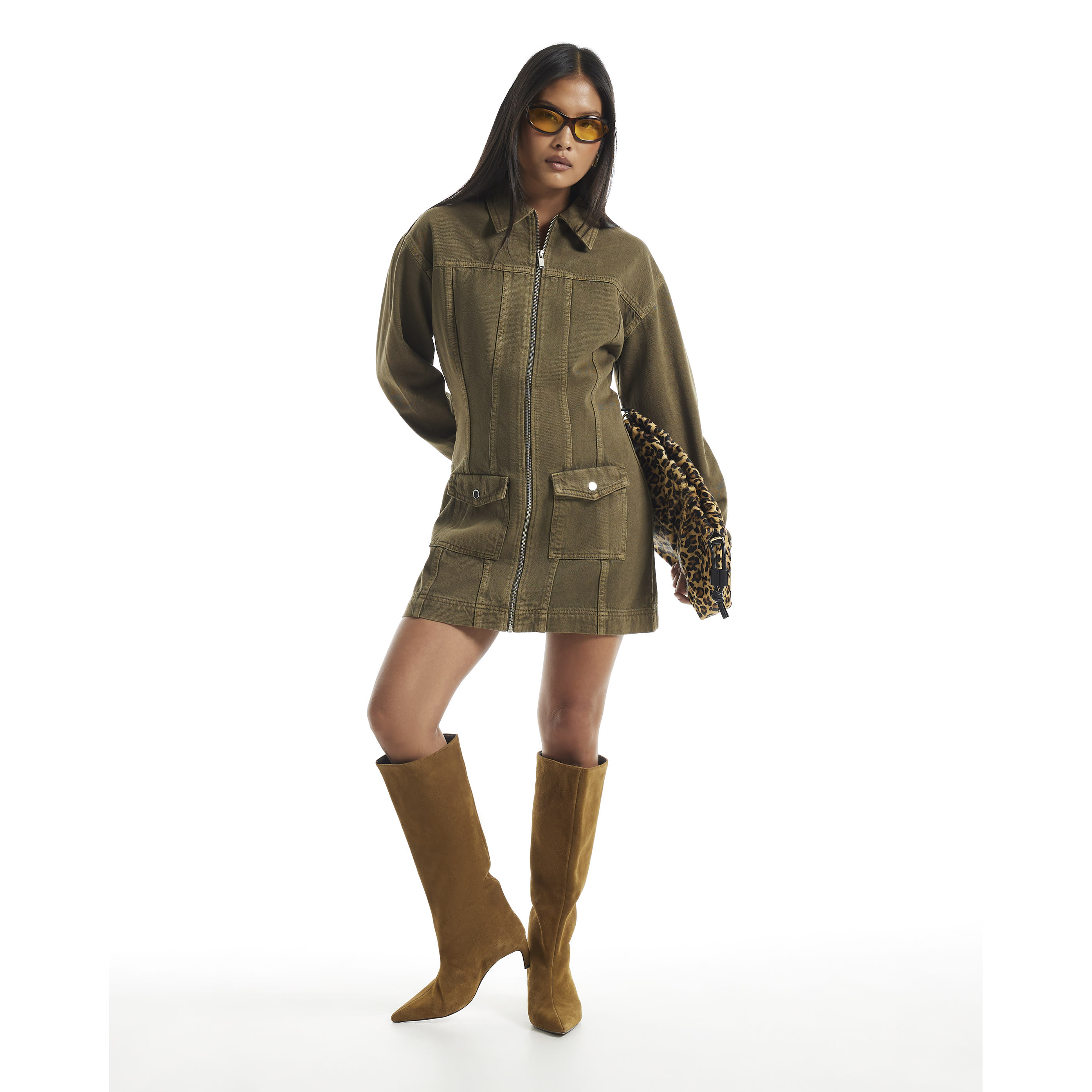 River Island Petite Khaki Denim Zip Through Dress