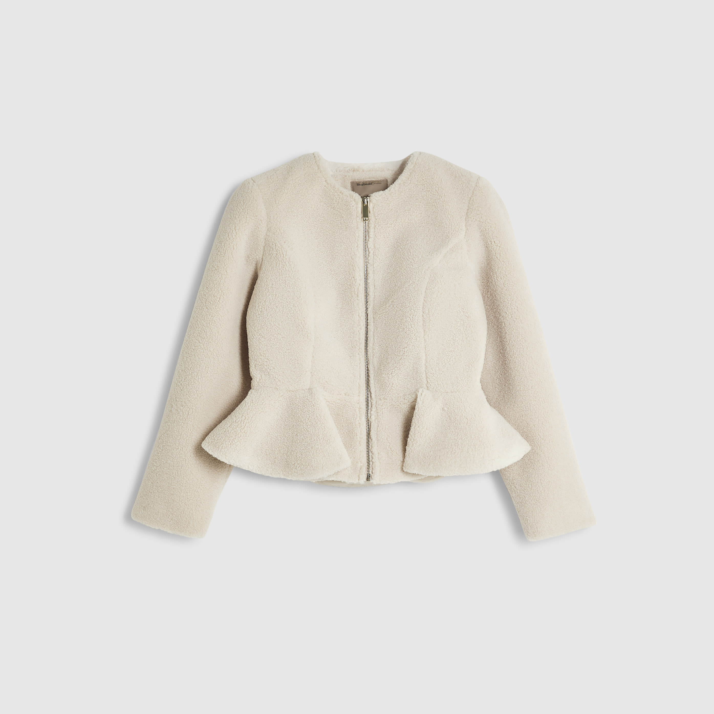 River Island Petite Cream Collarless Borg Peplum Jacket