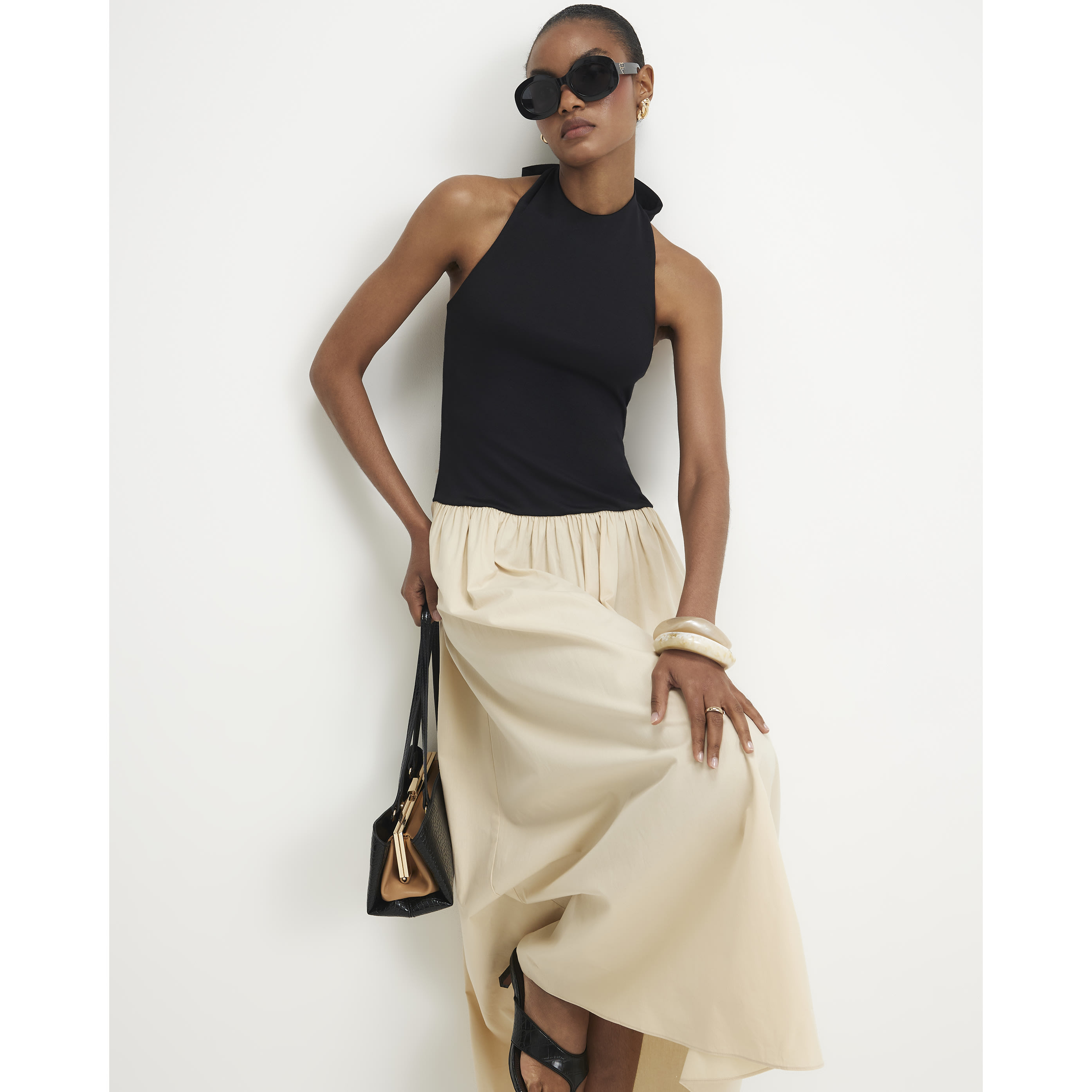 River Island Beige Racer Neck Hybrid Midi Dress