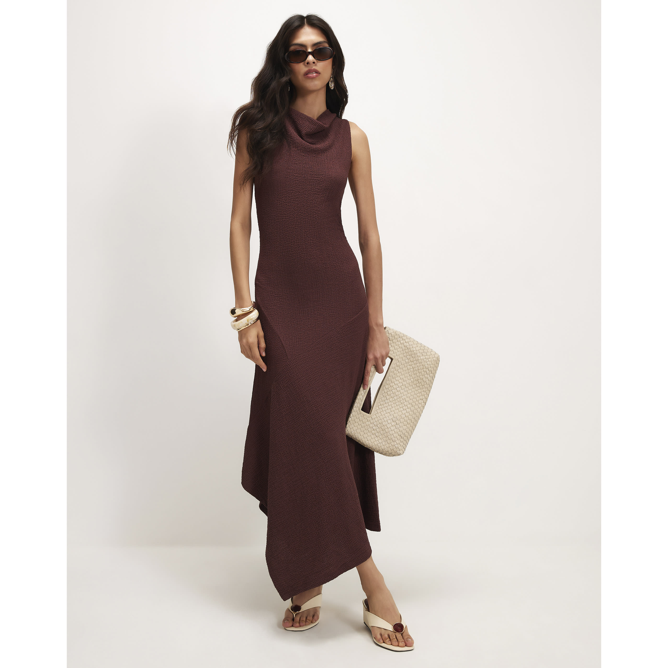 River Island Brown Textured Sleeveless Midi Dress