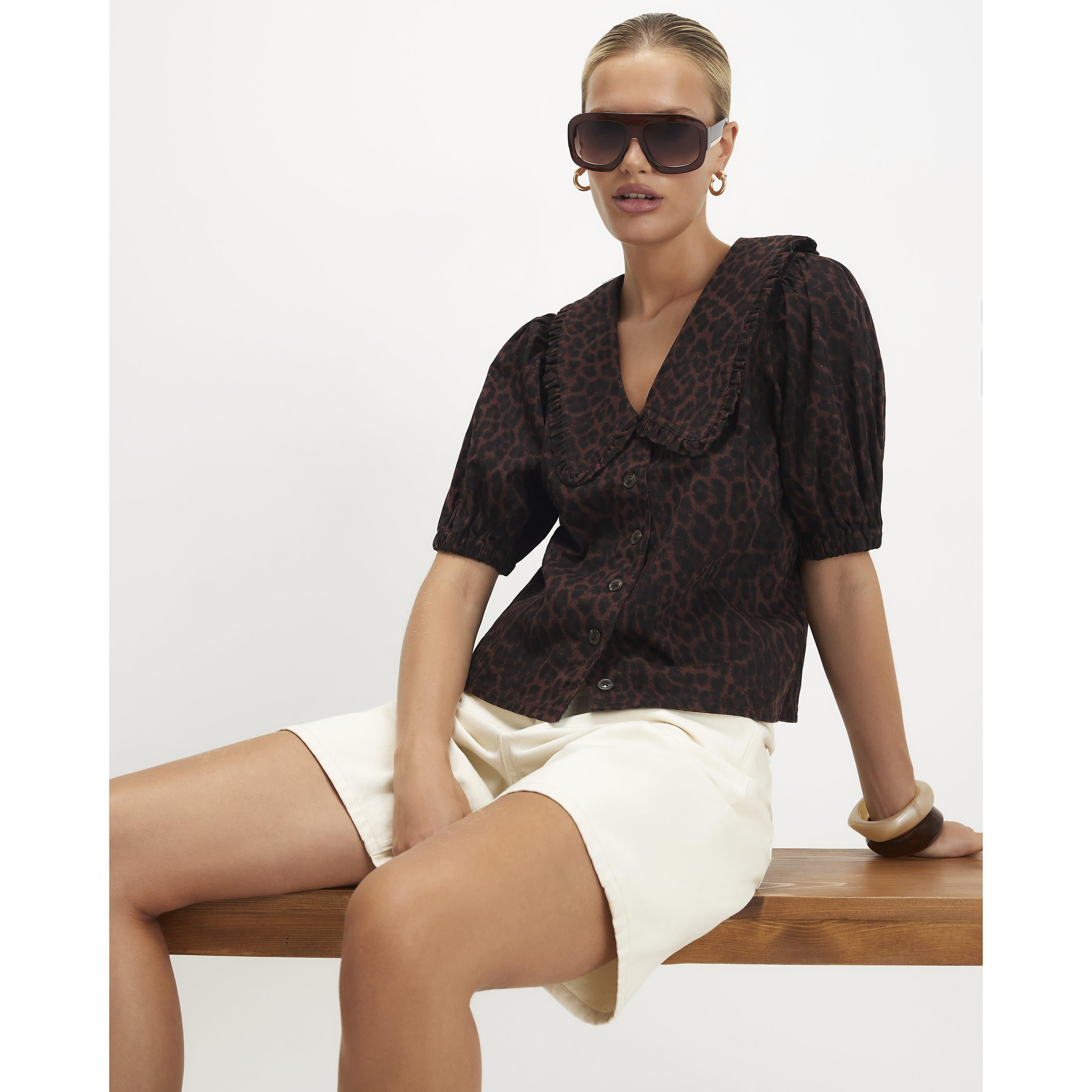 River Island Brown Collared Leopard Print Denim Shirt