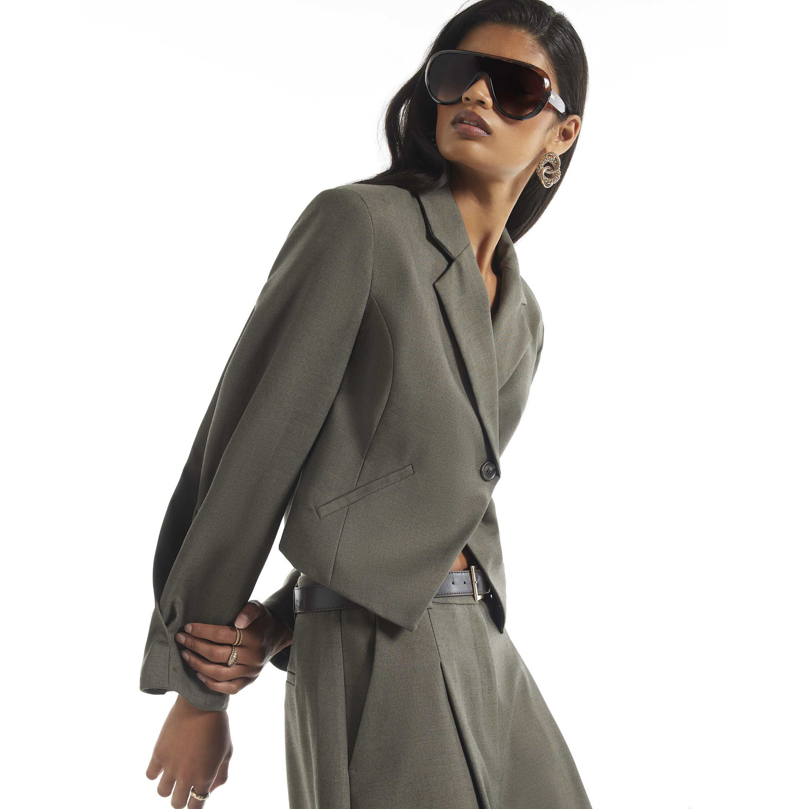 River Island Khaki Pleated Cuff Crop Blazer