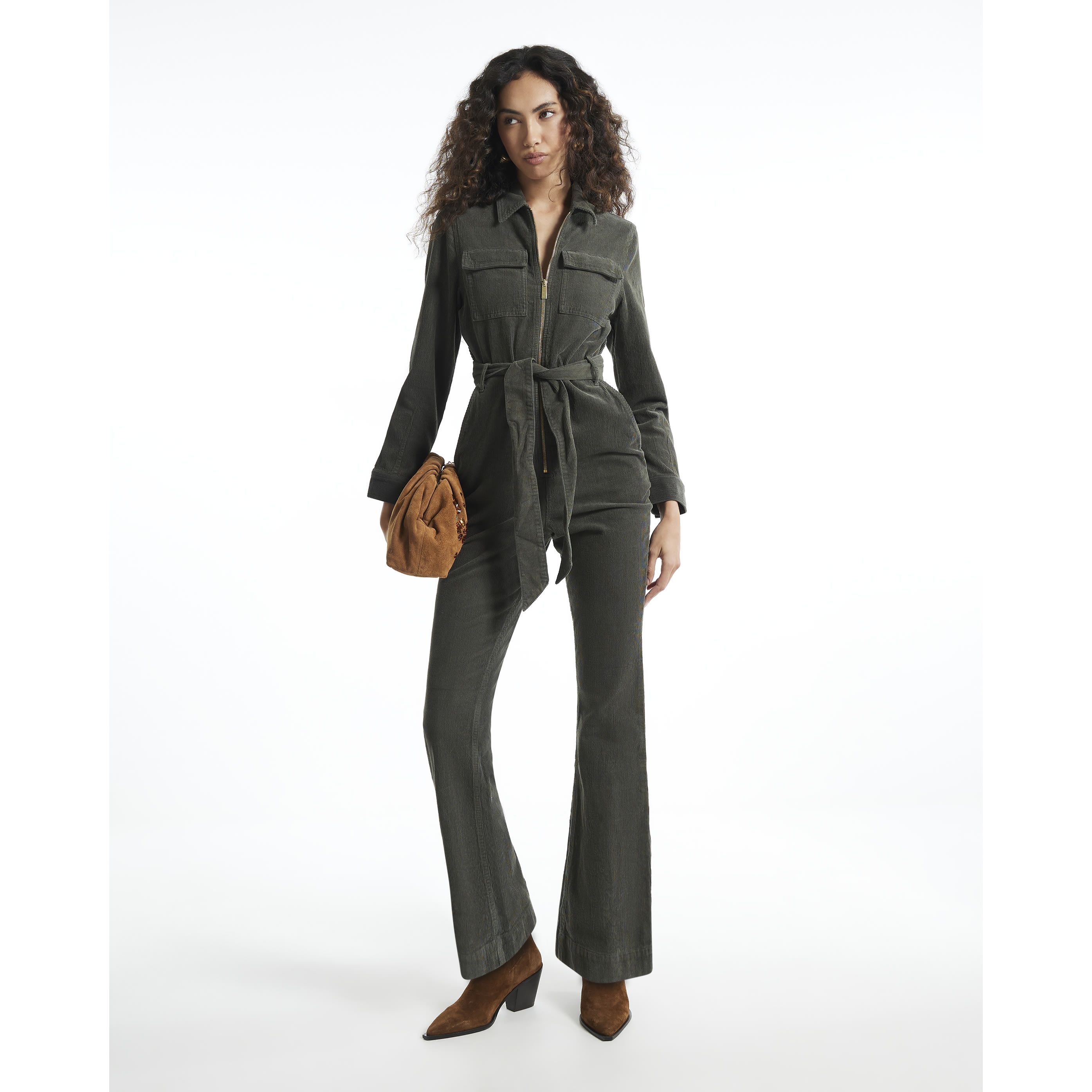River Island Khaki Corduroy Long Sleeve Belted Jumpsuit