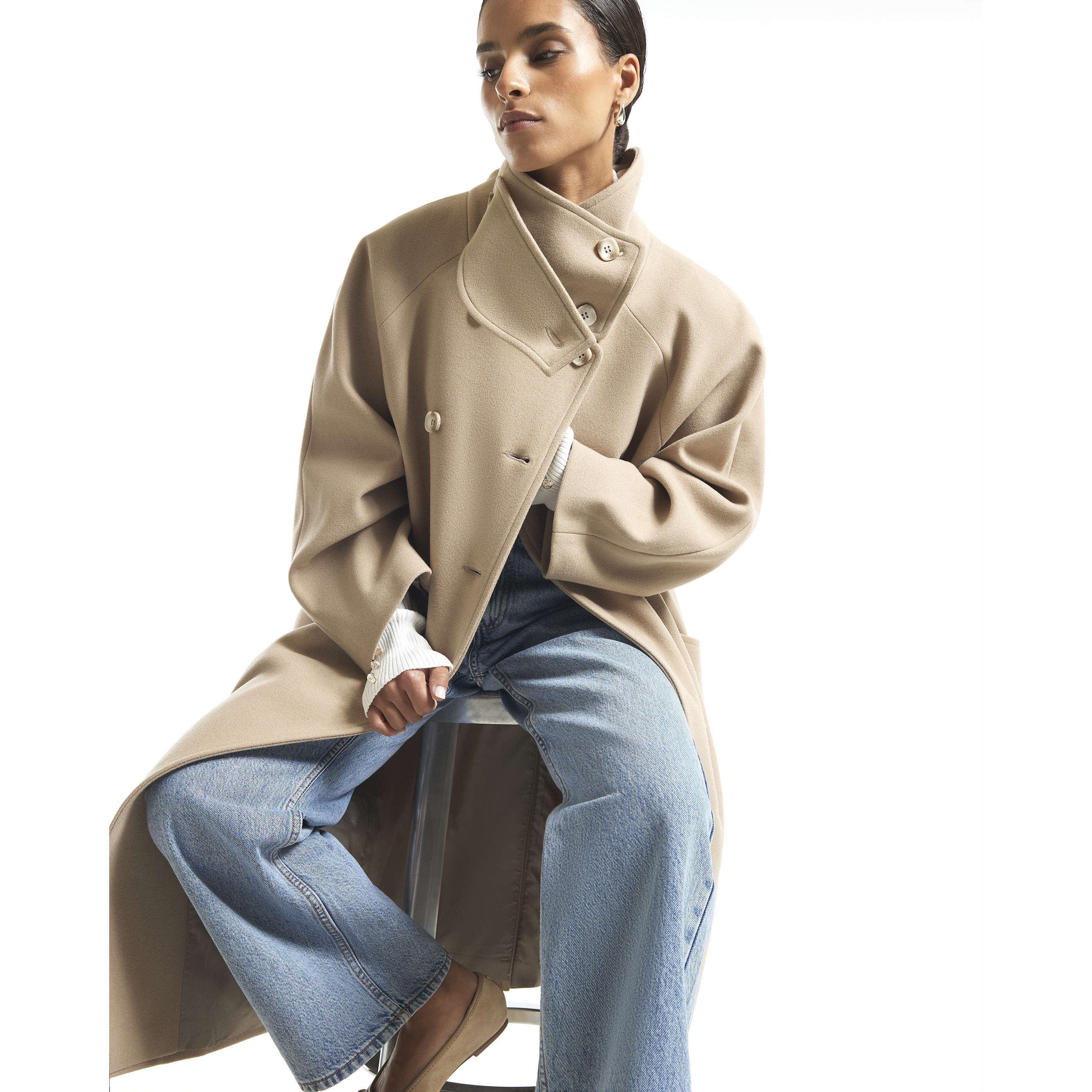River Island Petite Beige Funnel Neck Robe Coat