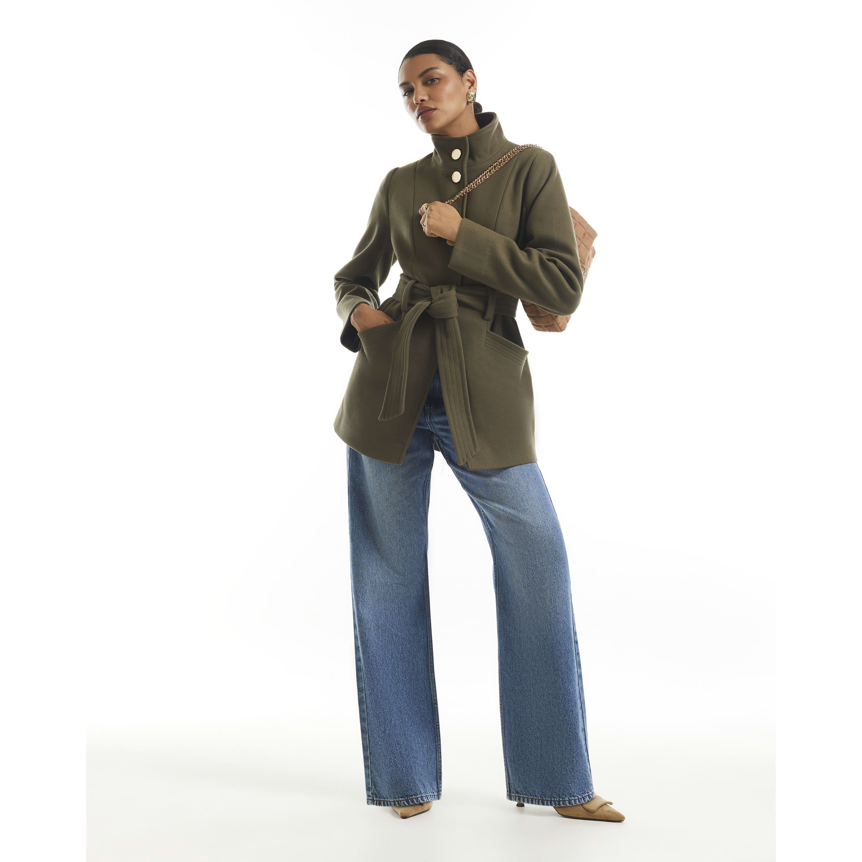River Island Khaki Belted Short Coat
