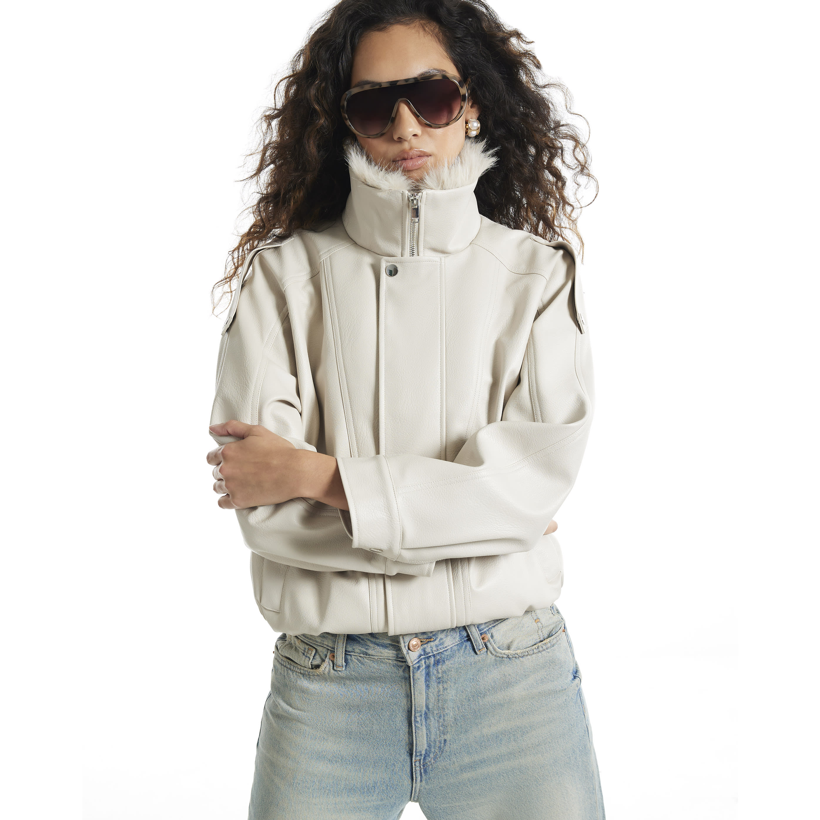 River Island Cream Faux Fur Faux Leather Bomber Jacket