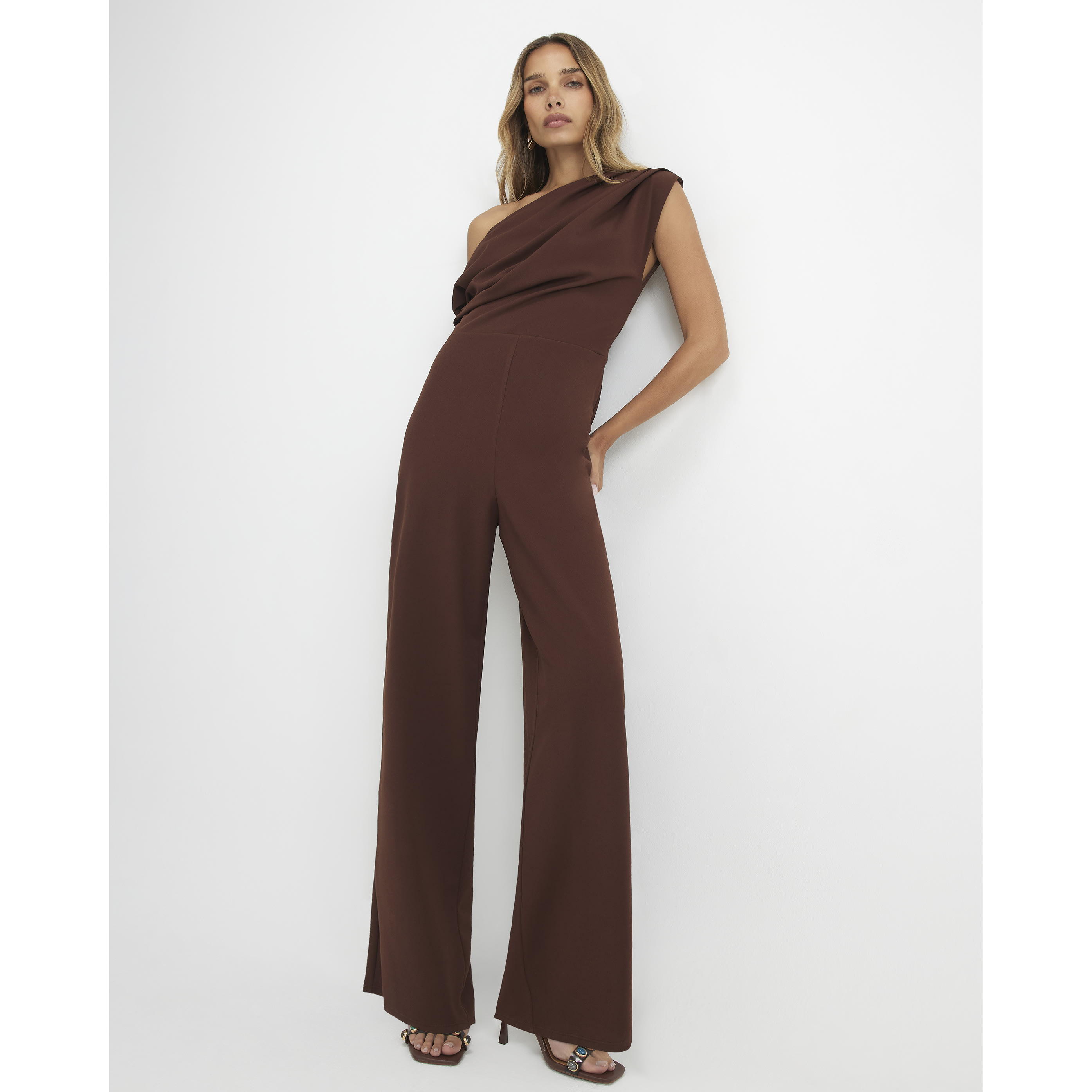 River Island Brown Short Sleeve Asymmetric Drape Jumpsuit