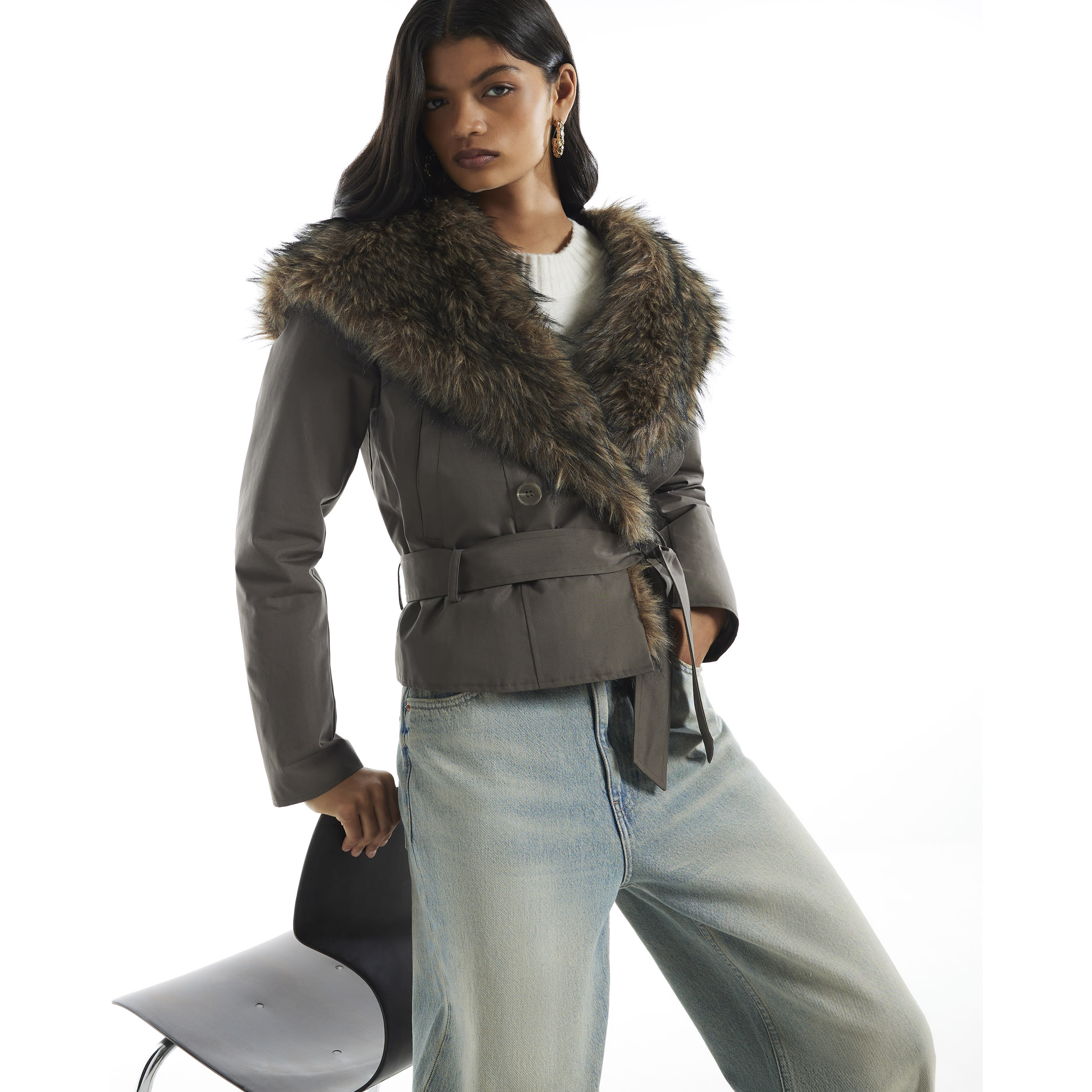 River Island Khaki Fur Shawl Hood Belted Jacket