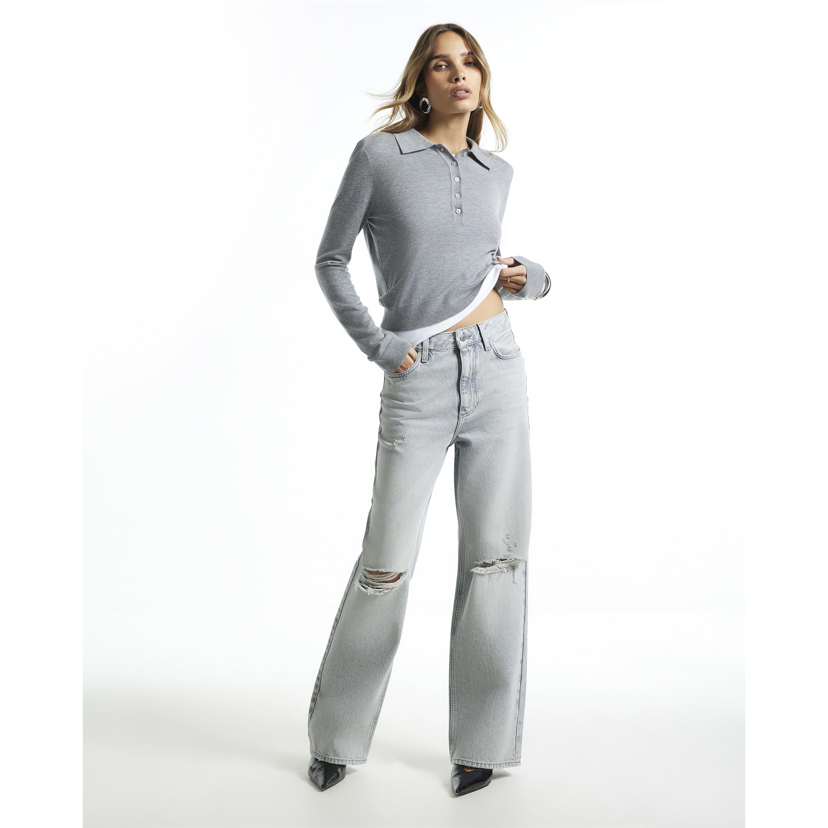 River Island Grey High Waist Relaxed Straight Rip Jeans