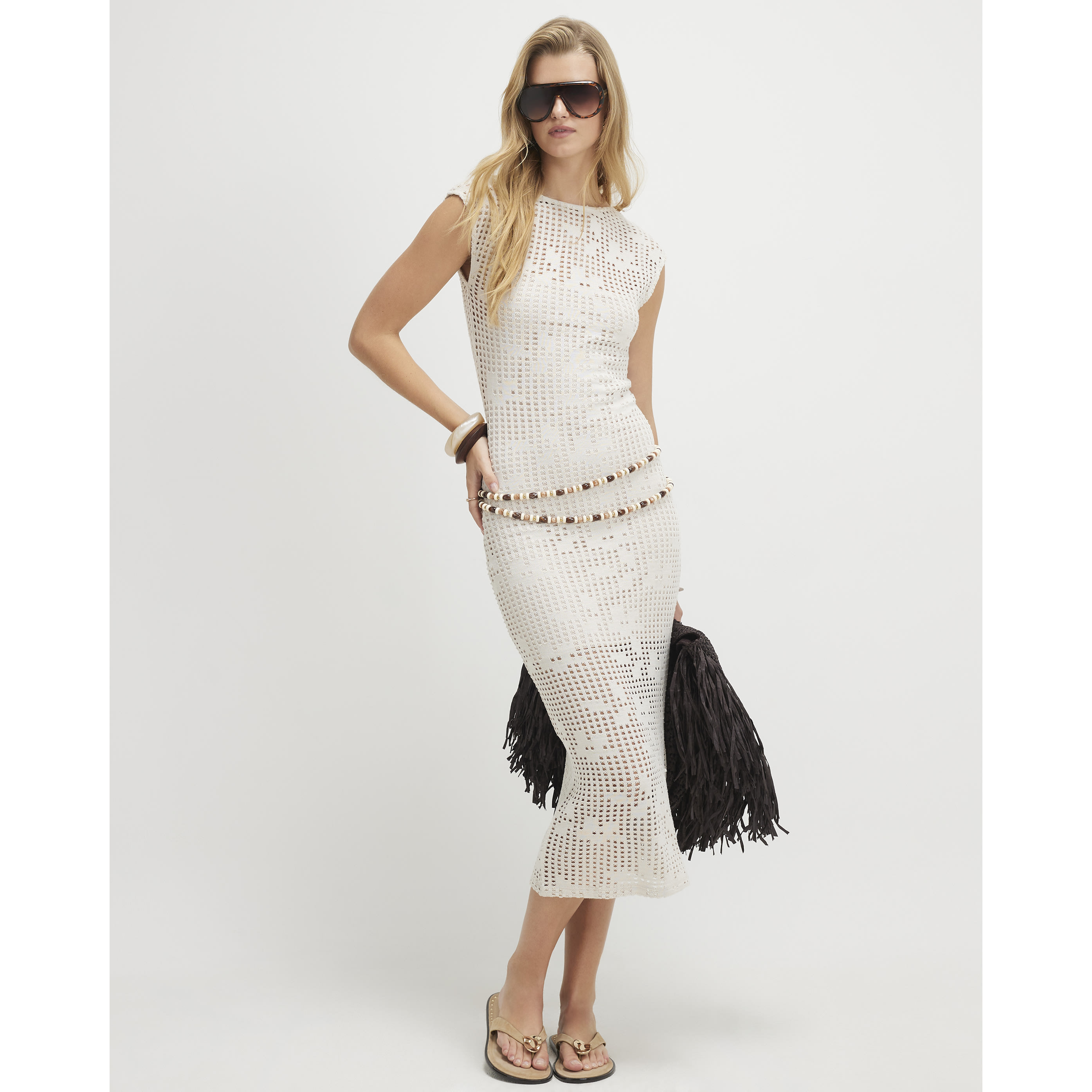 River Island Beige Crochet Sleeveless Maxi Dress