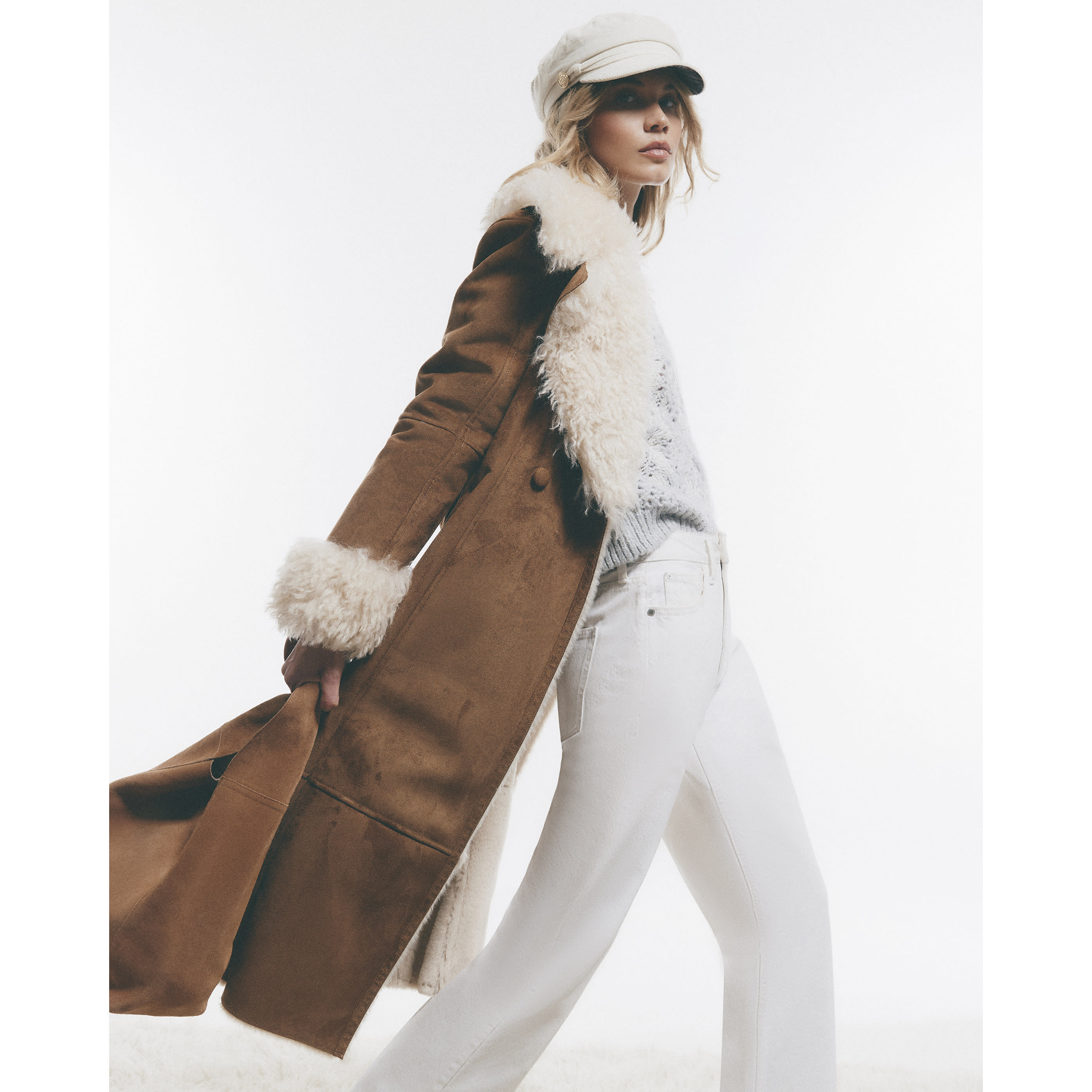 River Island Beige Belted Faux Shearling Trench Coat
