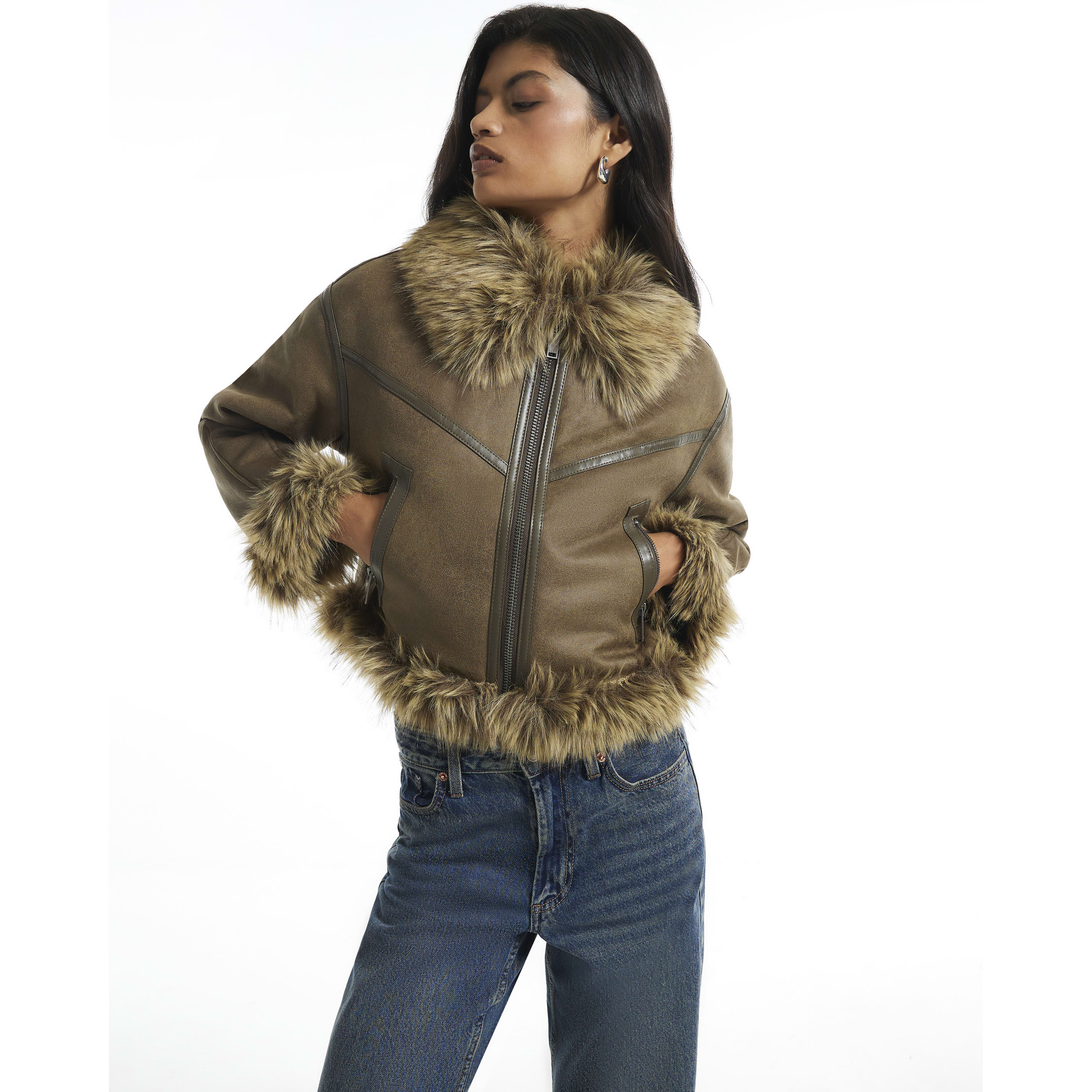 River Island Khaki Faux Fur Lined Jacket