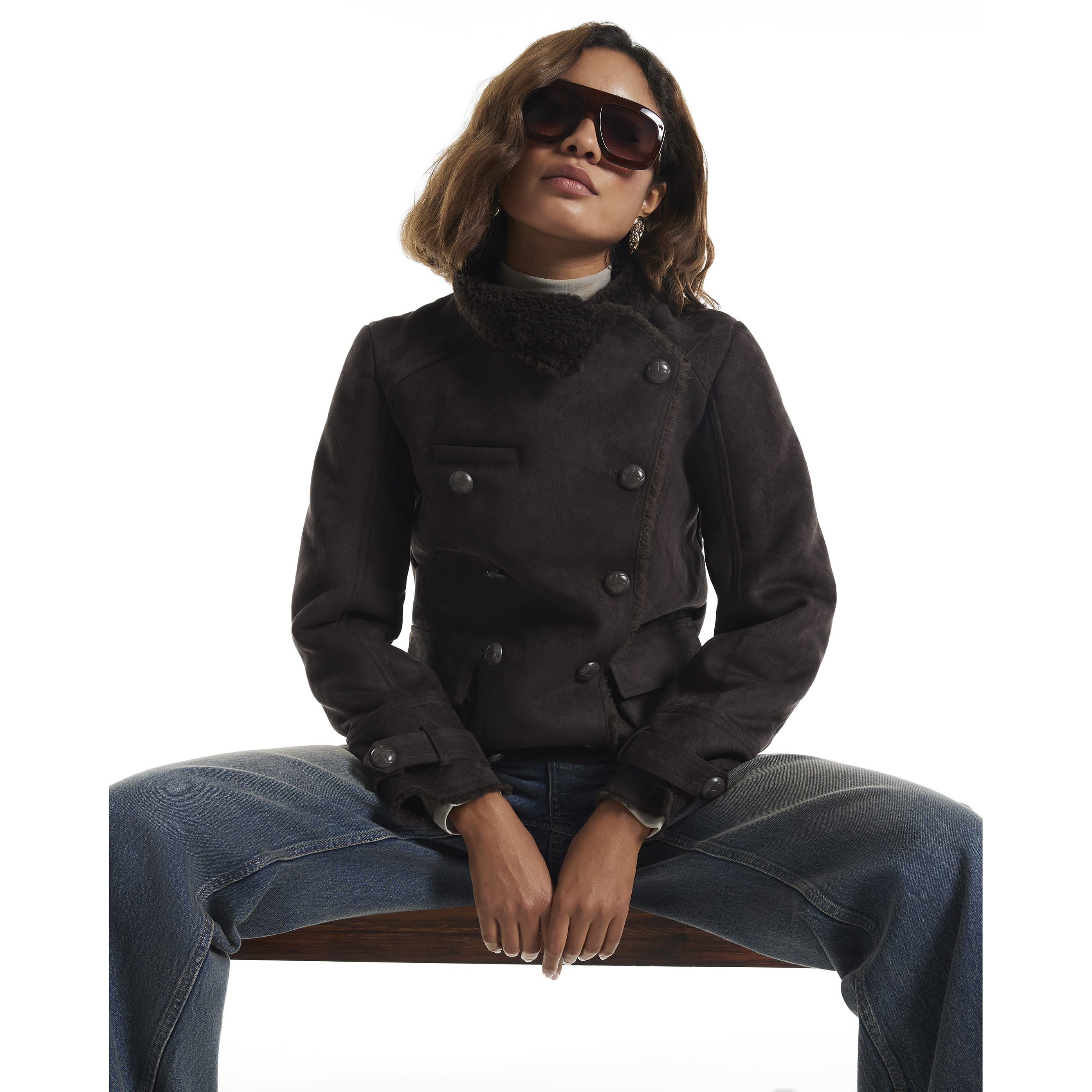 River Island Brown Faux Shearling Funnel Neck Jacket
