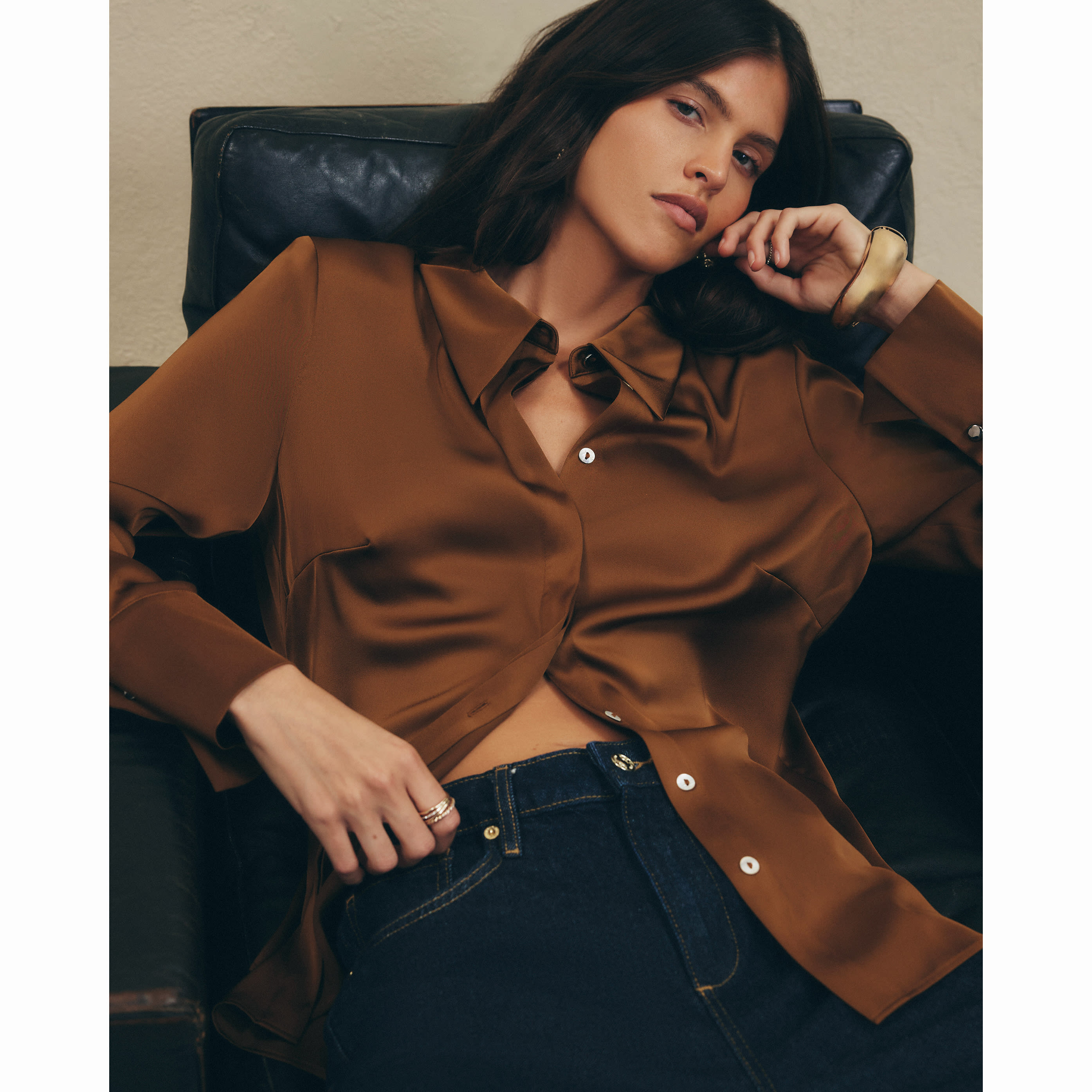 River Island Khaki Slimline Satin Shirt