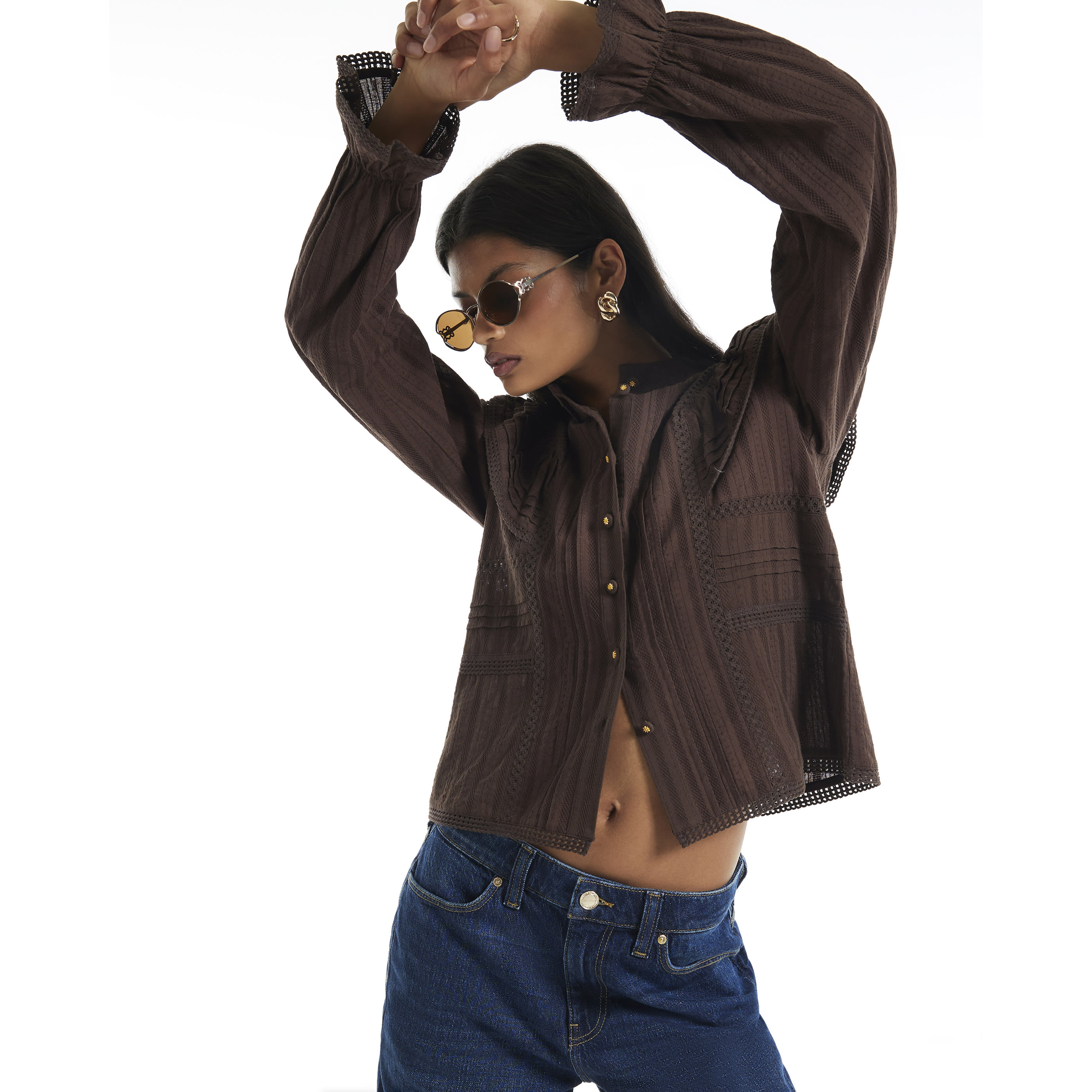 River Island Brown Lace Ruffle Blouse