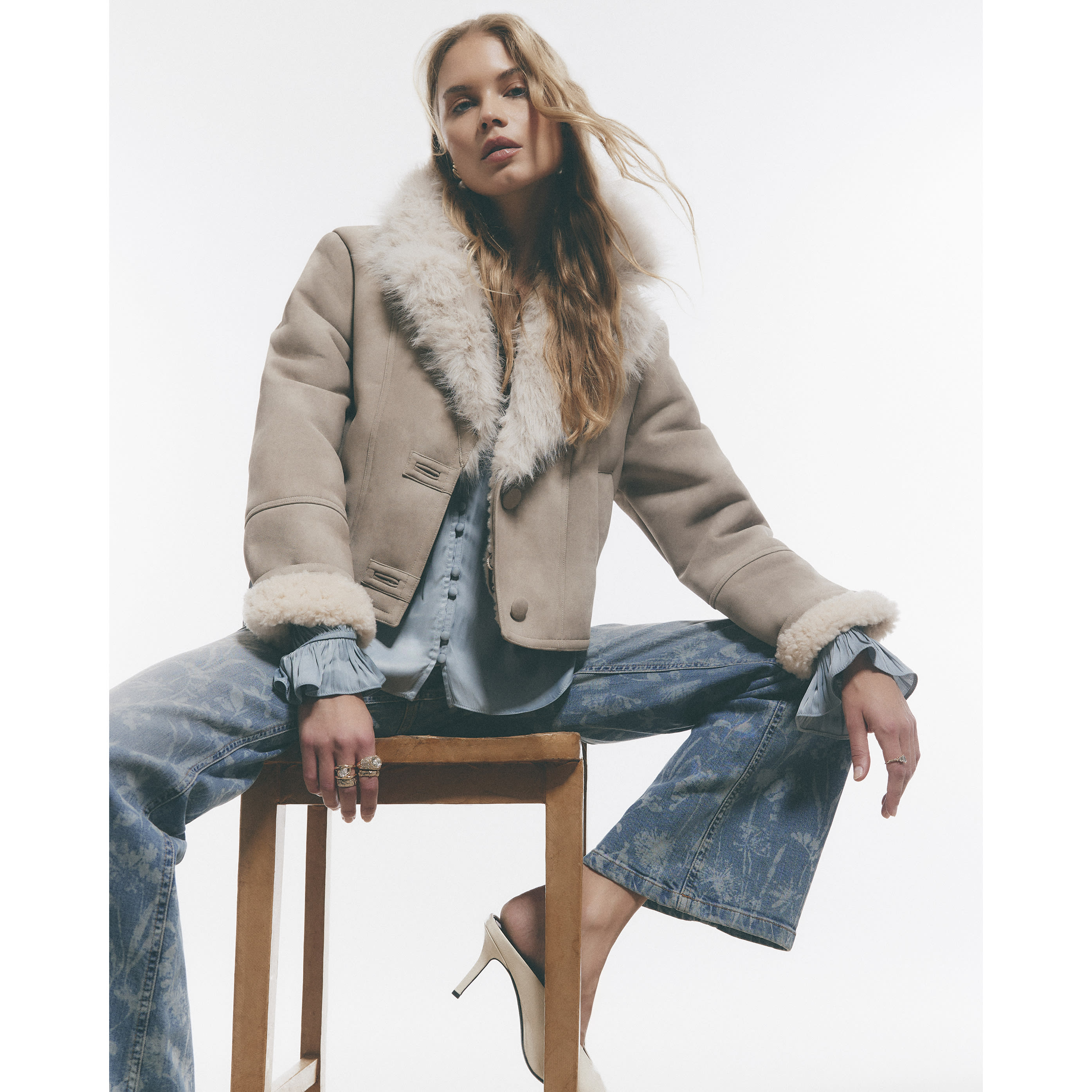 River Island Beige Faux Fur Collar Shearling Crop Jacket